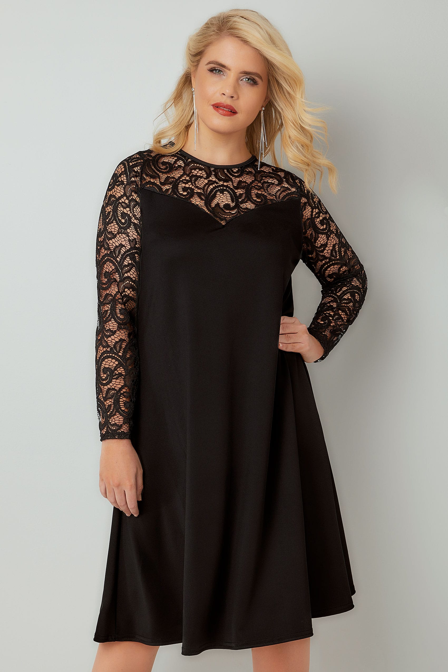 Black Swing Dress With Lace Yoke & Sleeves, Plus size 16 to 36