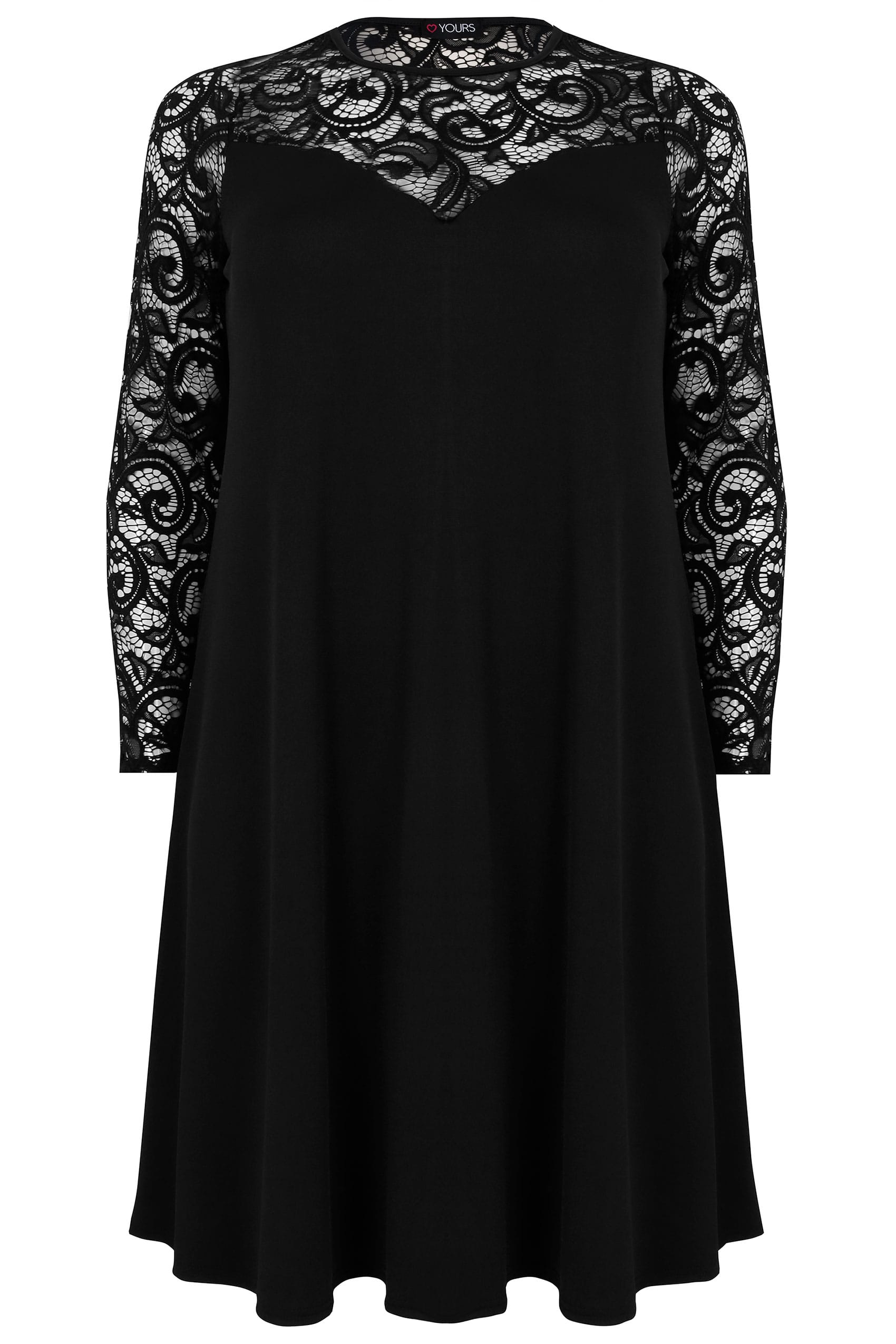 Black Swing Dress With Lace Yoke & Sleeves, Plus size 16 to 36