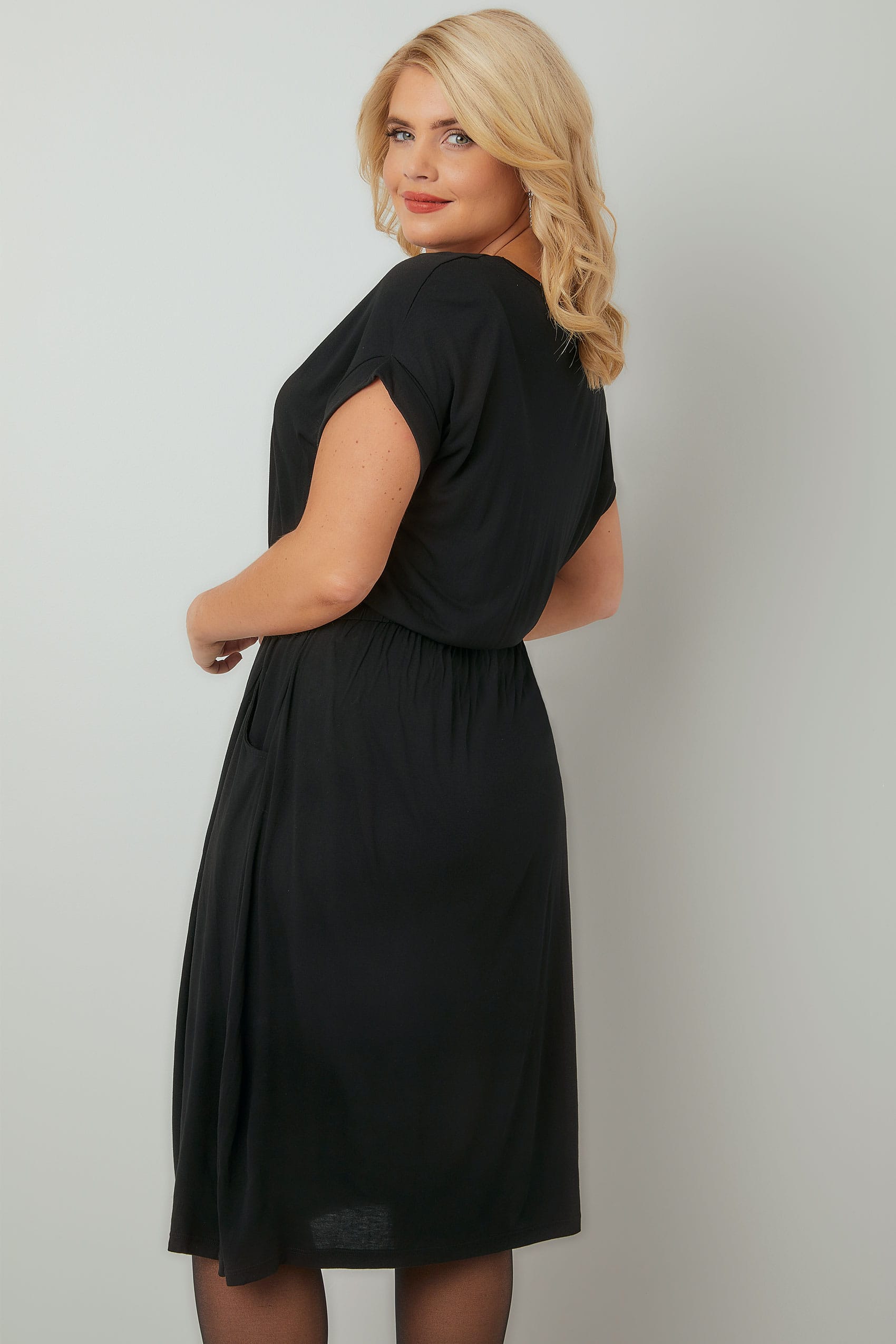 Black T-Shirt Dress With Pockets & Elasticated Waistband plus size 16 to 36