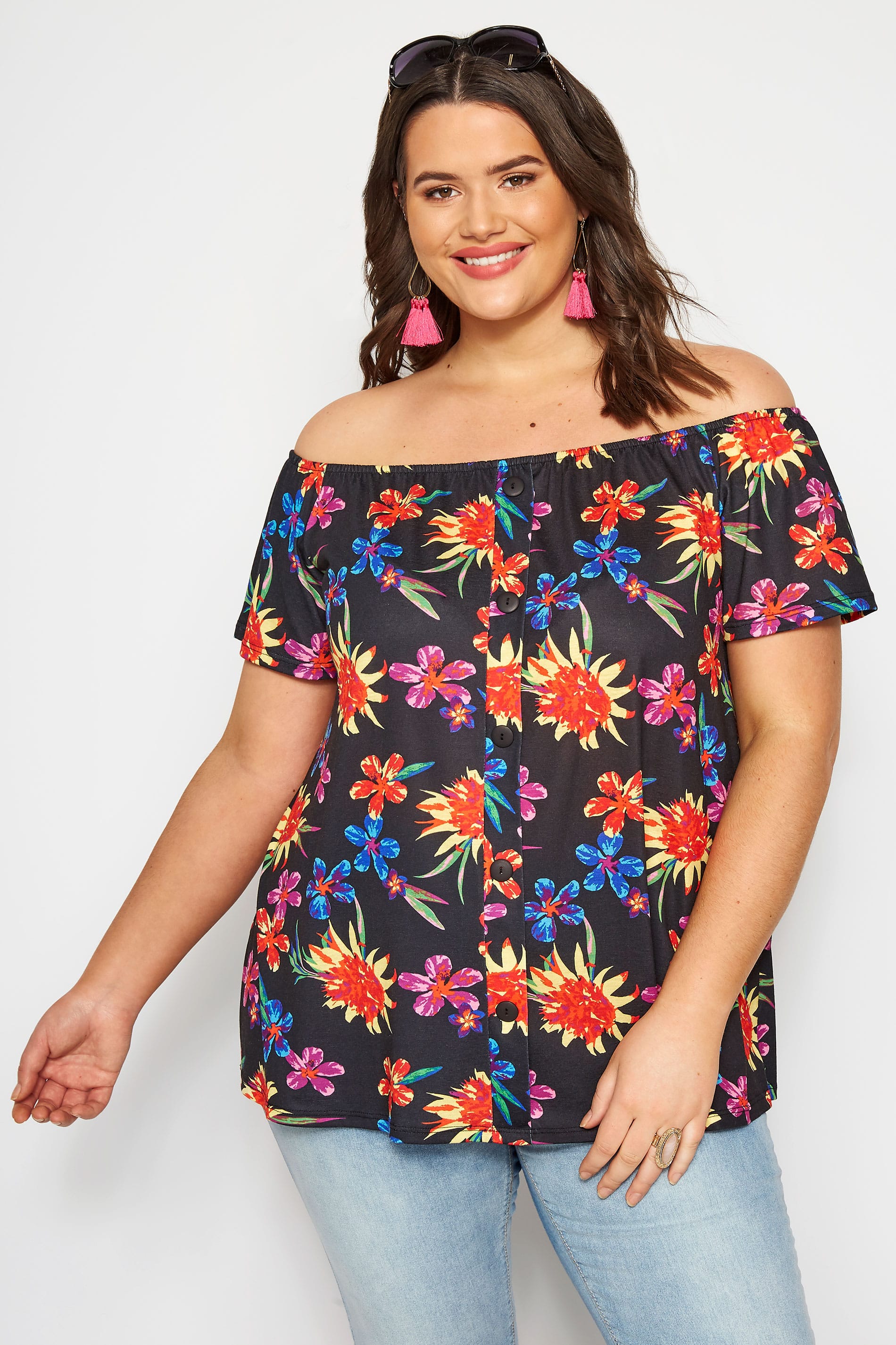 Black Tropical Bardot Top | Sizes 16 to 36 | Yours Clothing
