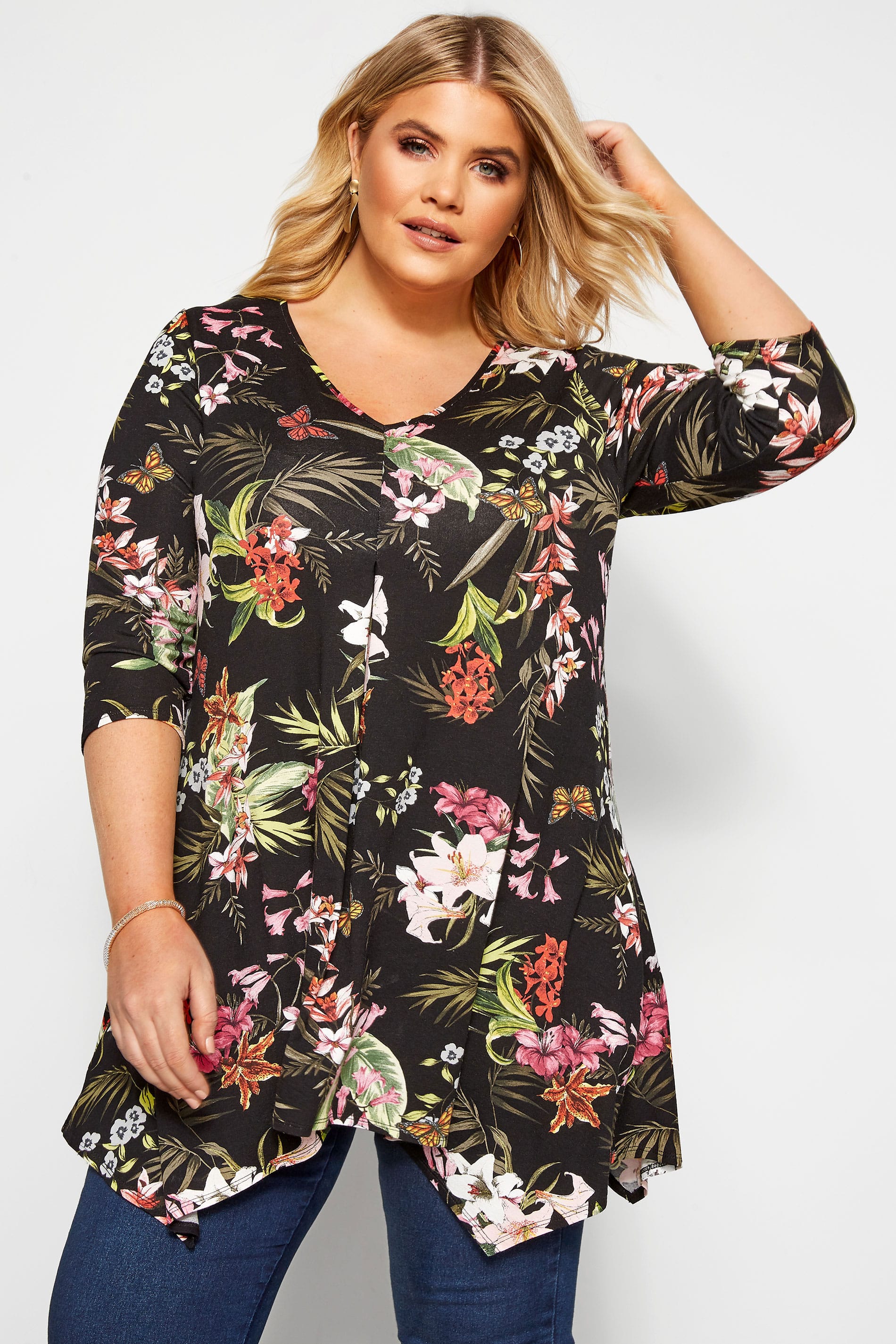 Black Tropical Floral Hanky Hem Top | Yours Clothing