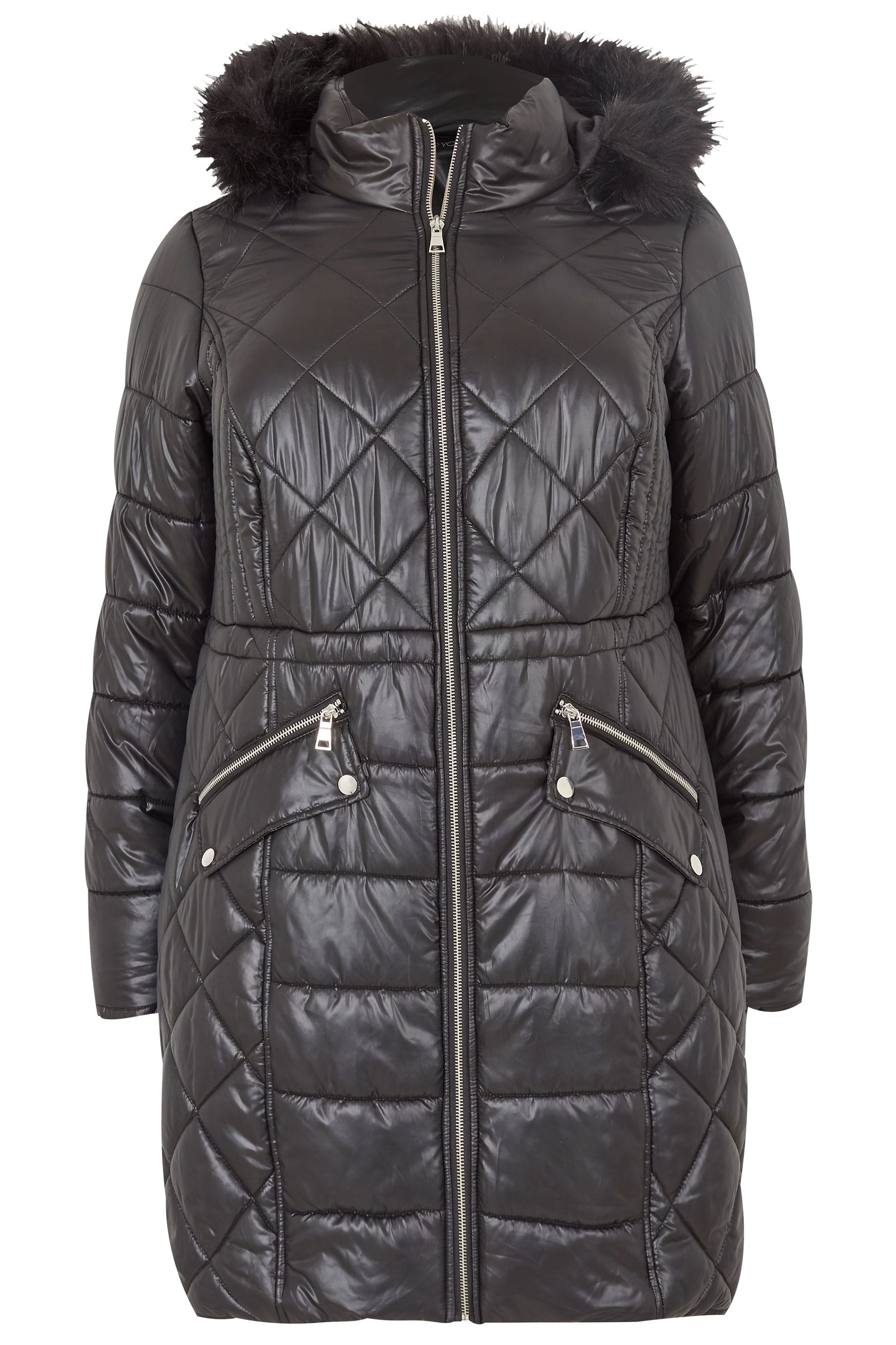 Black Longline Wet Look Puffer Coat, Plus size 16 to 36
