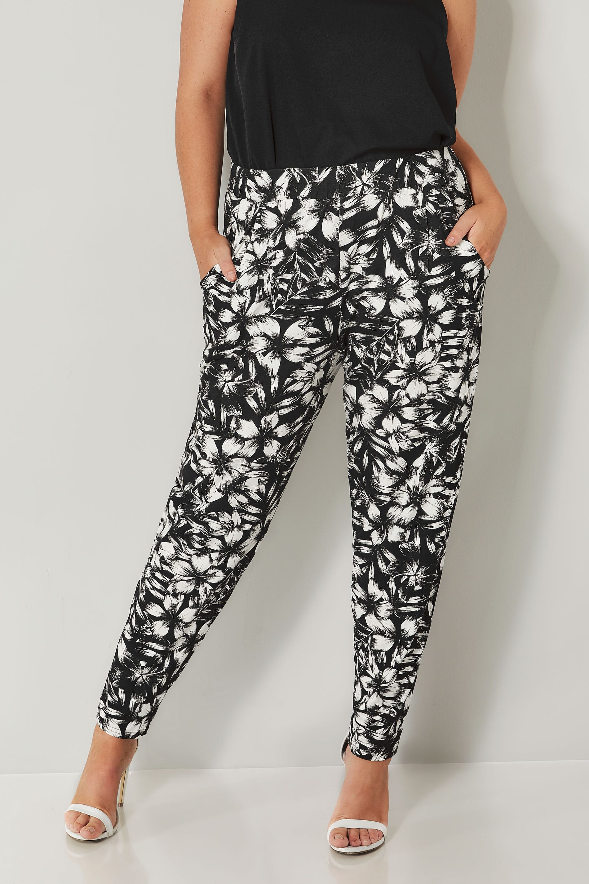 Black & White Floral Harem Trousers, plus size 16 to 36 | Yours Clothing