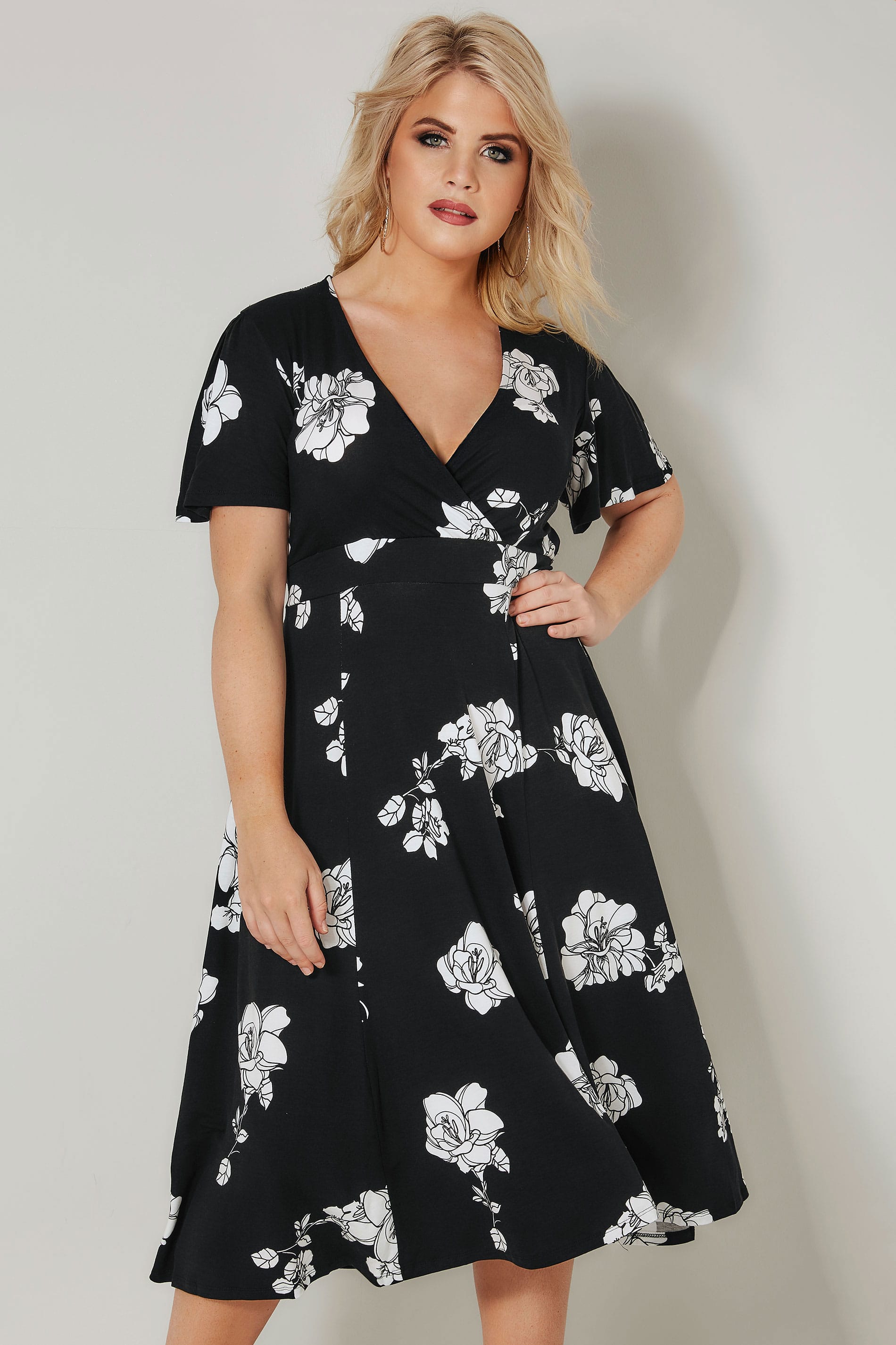 Black & White Floral Jersey Wrap Dress With Waist Tie, plus size 16 to ...