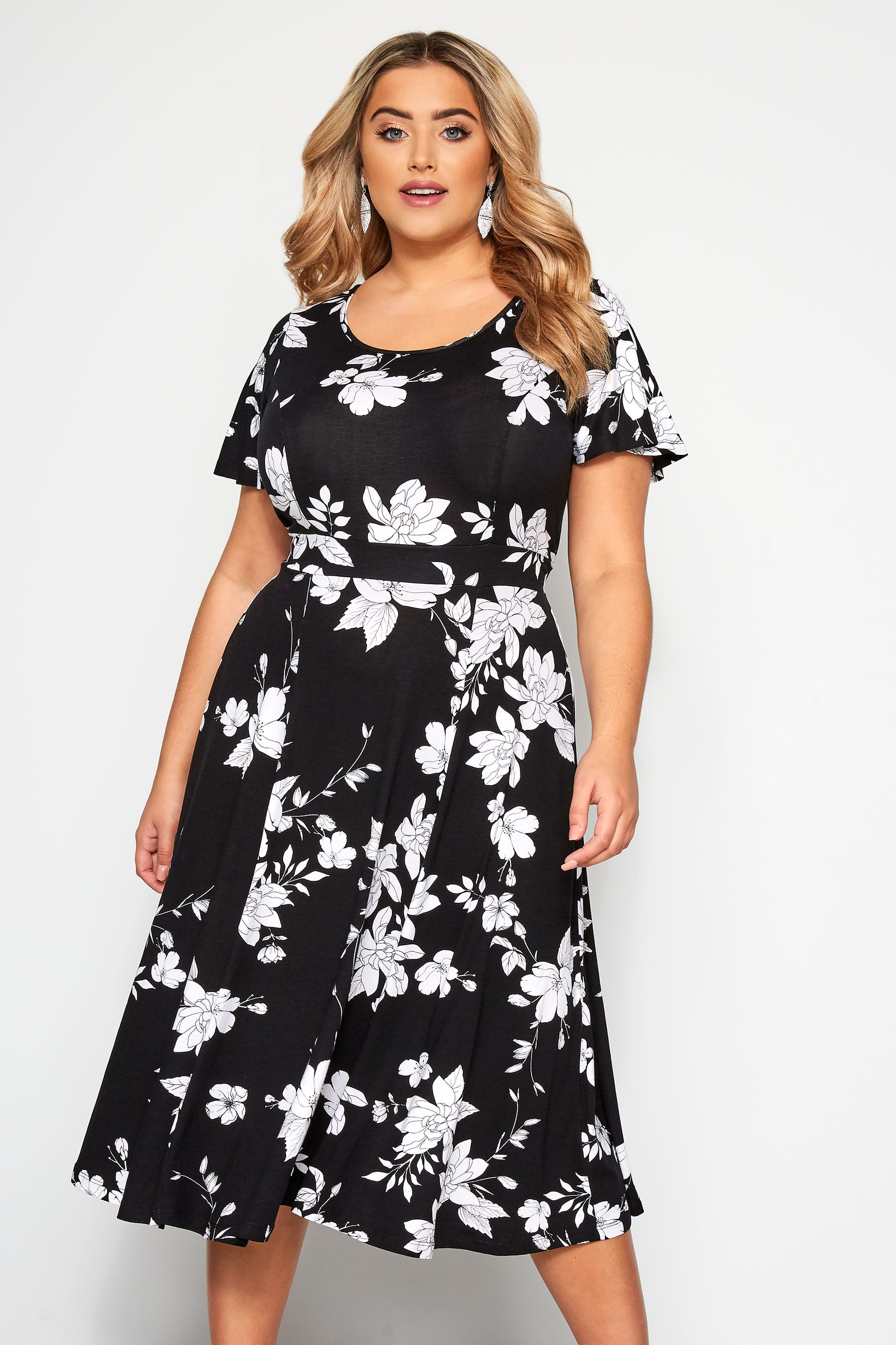 Black & White Floral Midi Dress | Yours Clothing