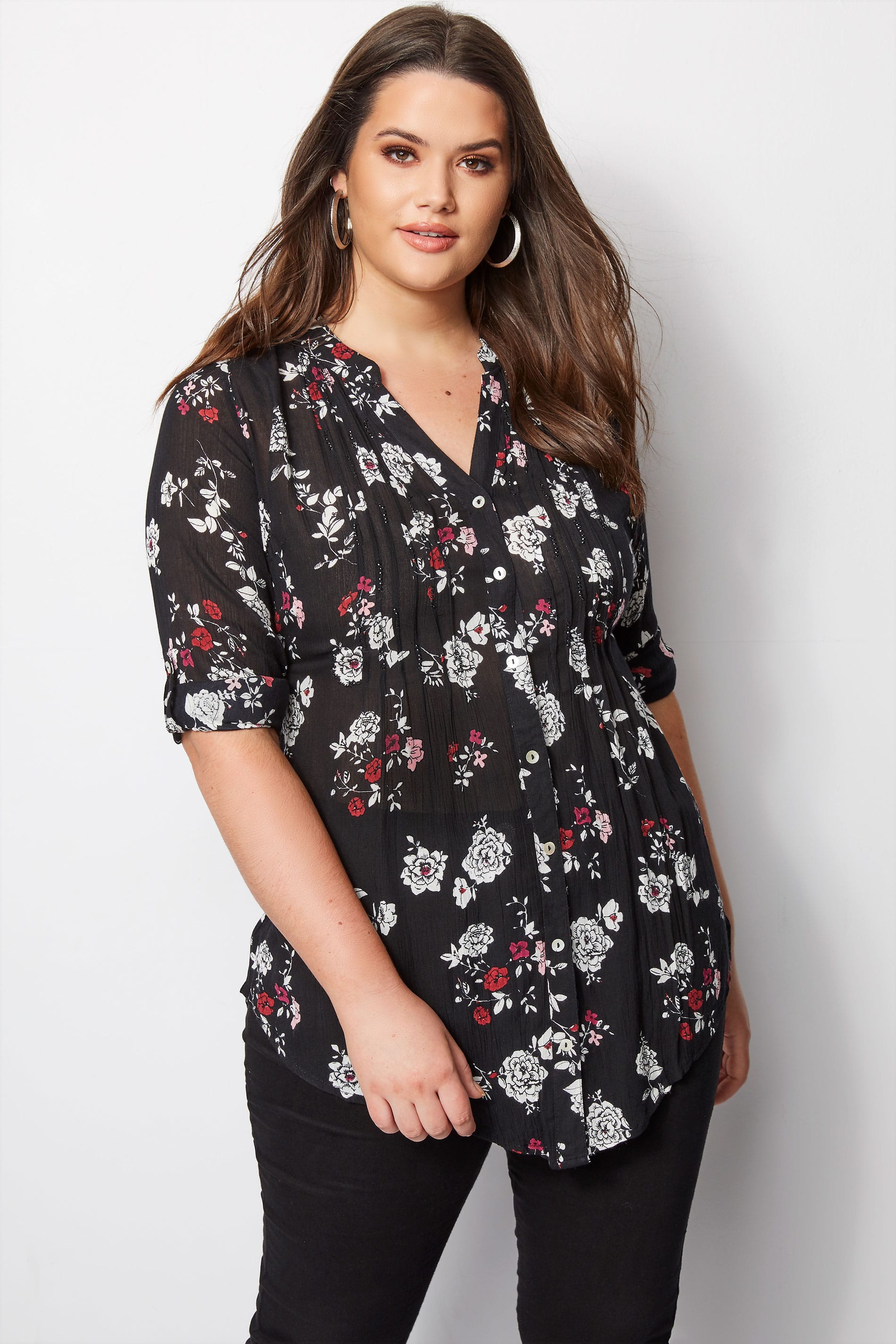 Black & White Floral Pintuck Longline Blouse With Beading Detailing