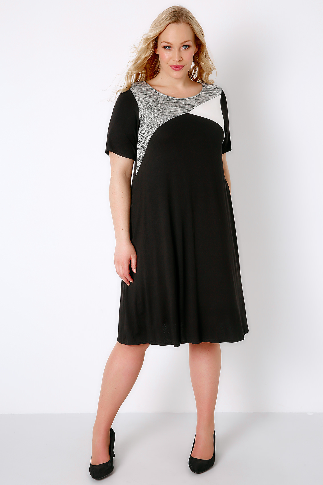 Black, White & Grey Colour Block Tunic Dress, Plus size 16 to 36