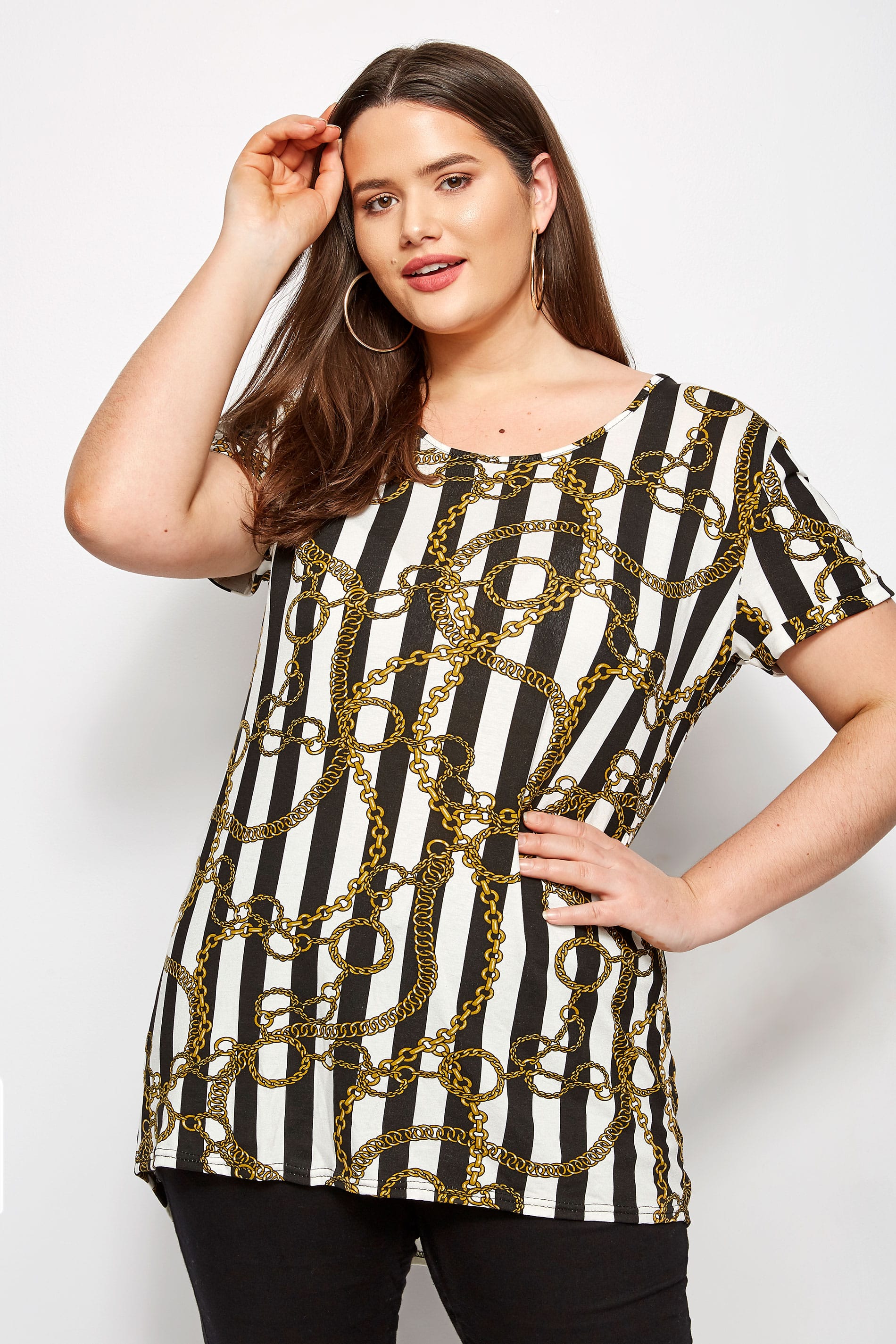 Black & White Stripe & Chain Print T-Shirt, Plus size 16 to 36