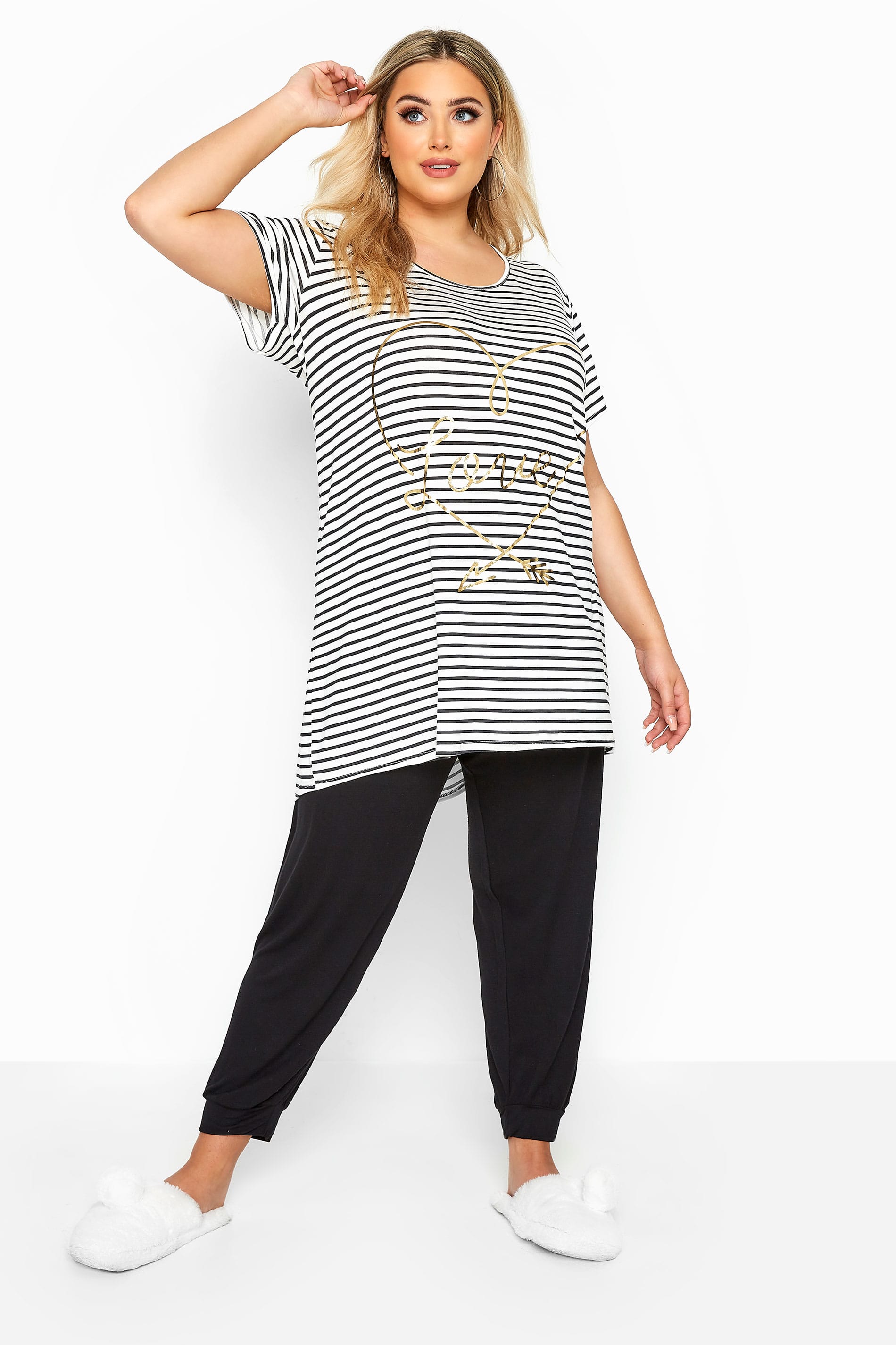 Black & White Striped Foil Love Pyjama Set | Yours Clothing