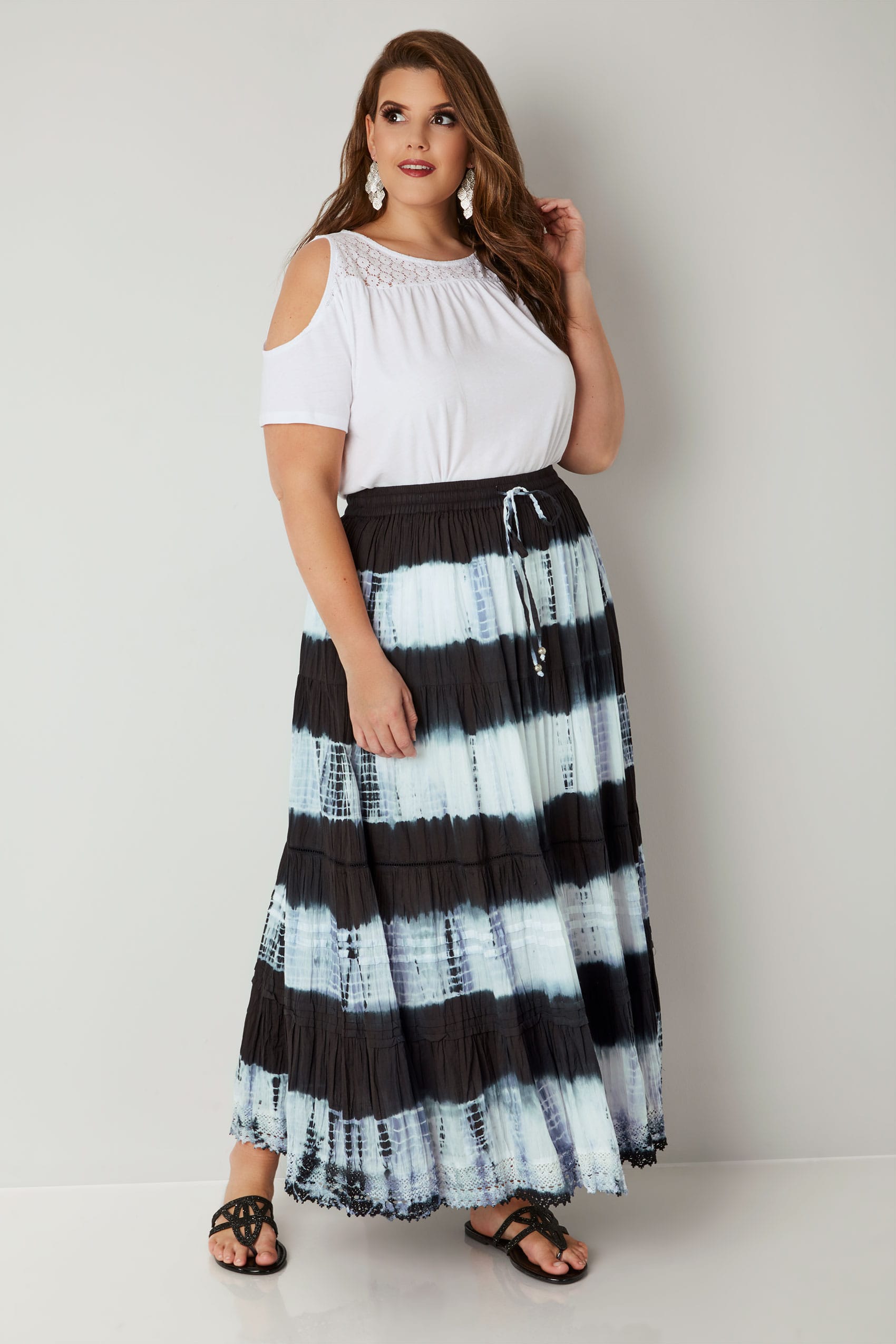 Black & White Tie Dye Tiered Maxi Skirt With Lace Trim Hem, Plus size ...