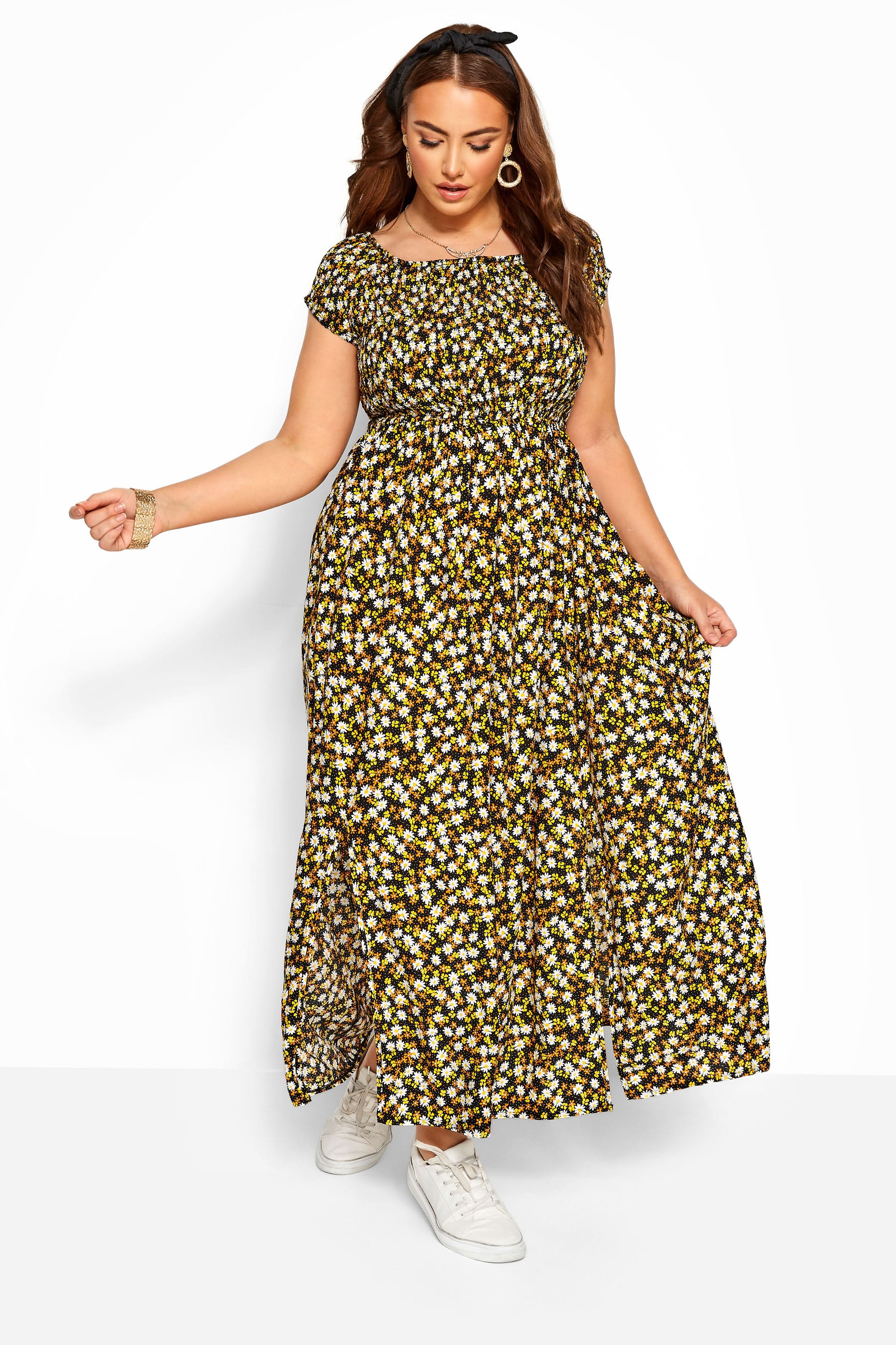 Black & Yellow Ditsy Shirred Bardot Maxi Dress | Yours Clothing