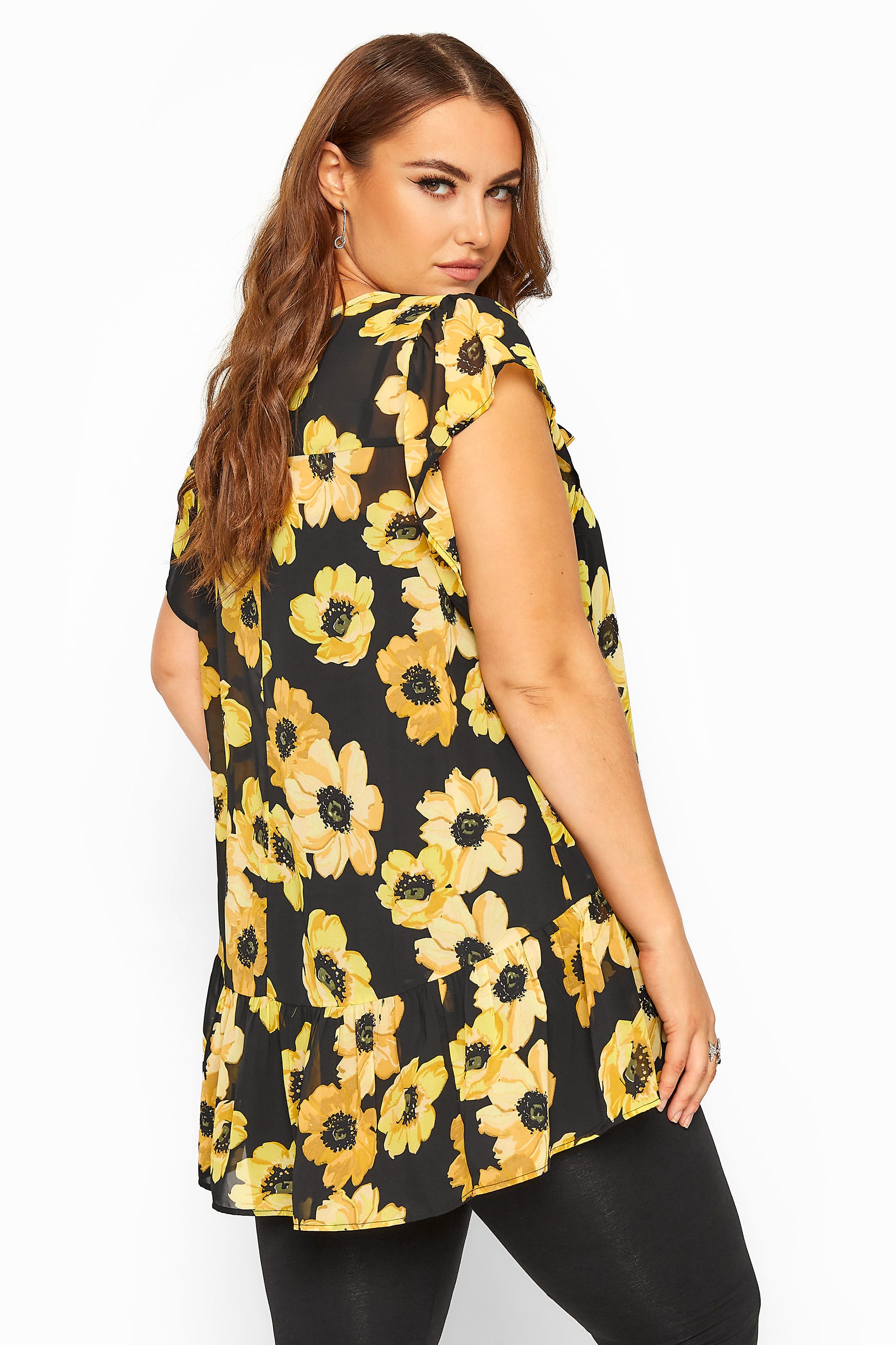 Black & Yellow Floral Frill Chiffon Blouse | Yours Clothing
