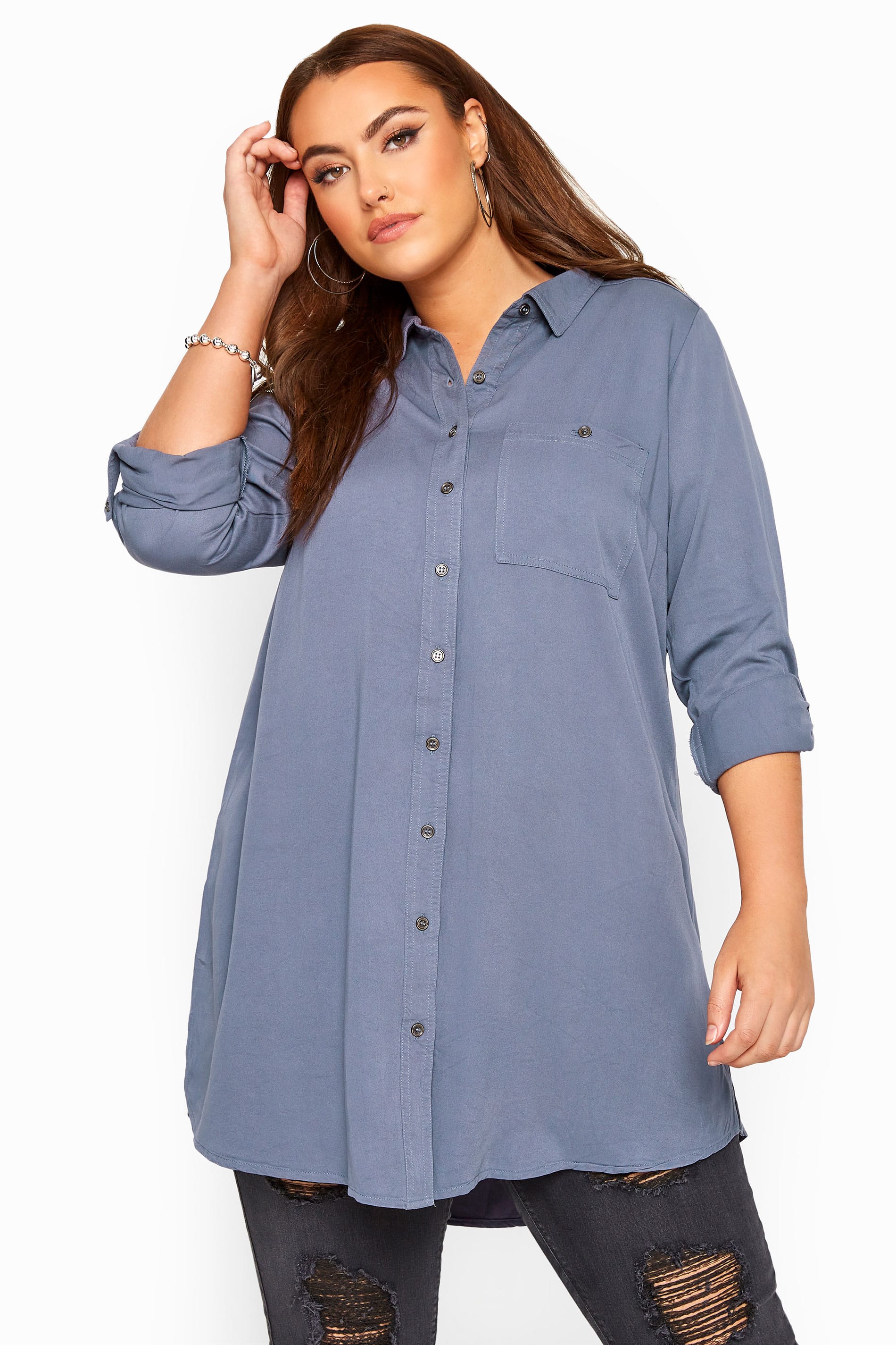 Blue-Grey Oversized Boyfriend Shirt | Sizes 16 to 36 | Yours Clothing