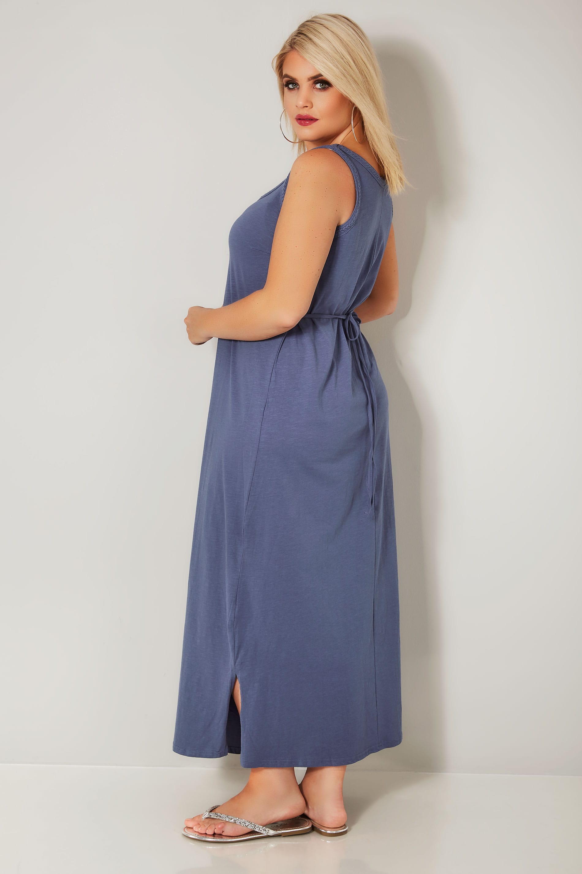 Blue Chambray Sleeveless Maxi Dress With Plait Trim, Plus size 16 to 36