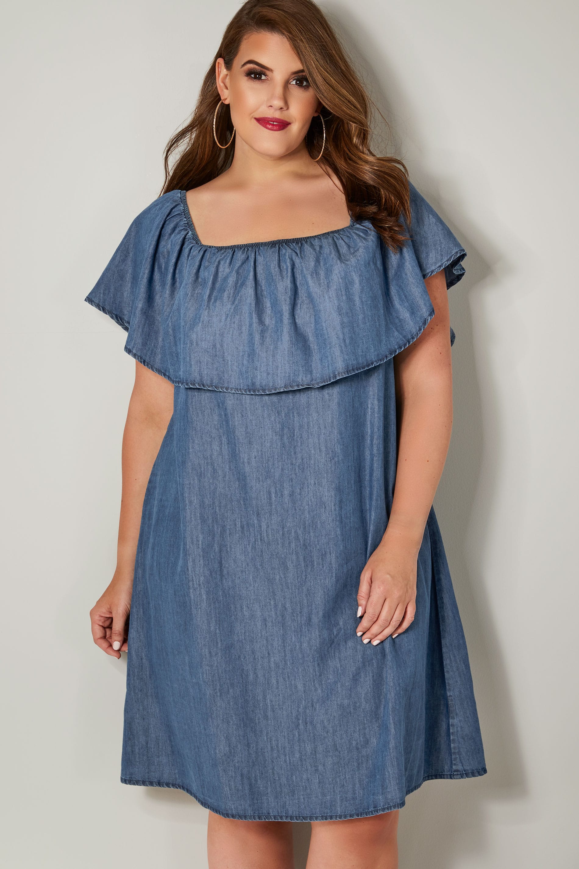 Blue Denim Chambray Bardot Dress, Plus size 16 to 36