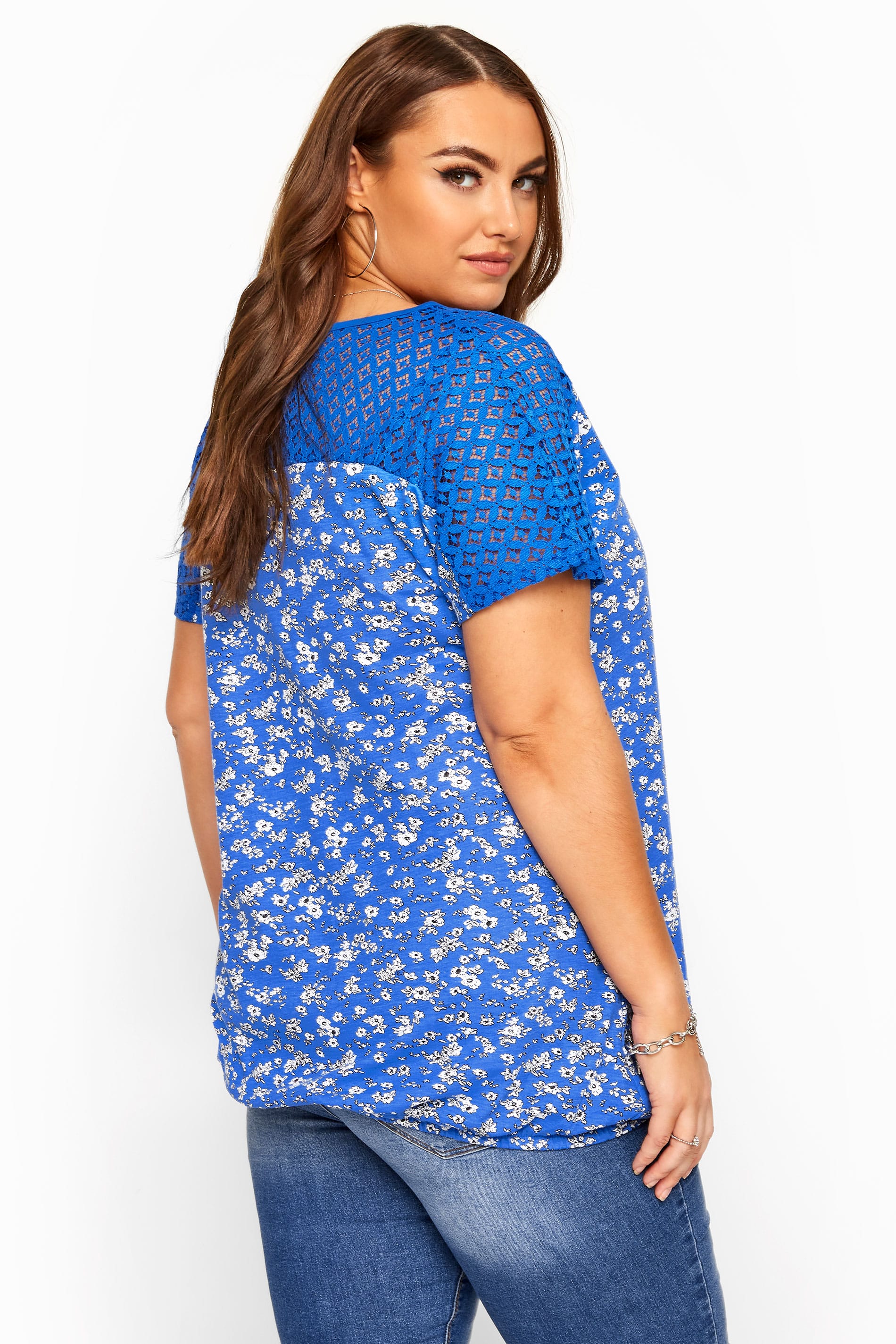 Blue Ditsy Floral Crochet Lace Bubble Hem Top | Yours Clothing