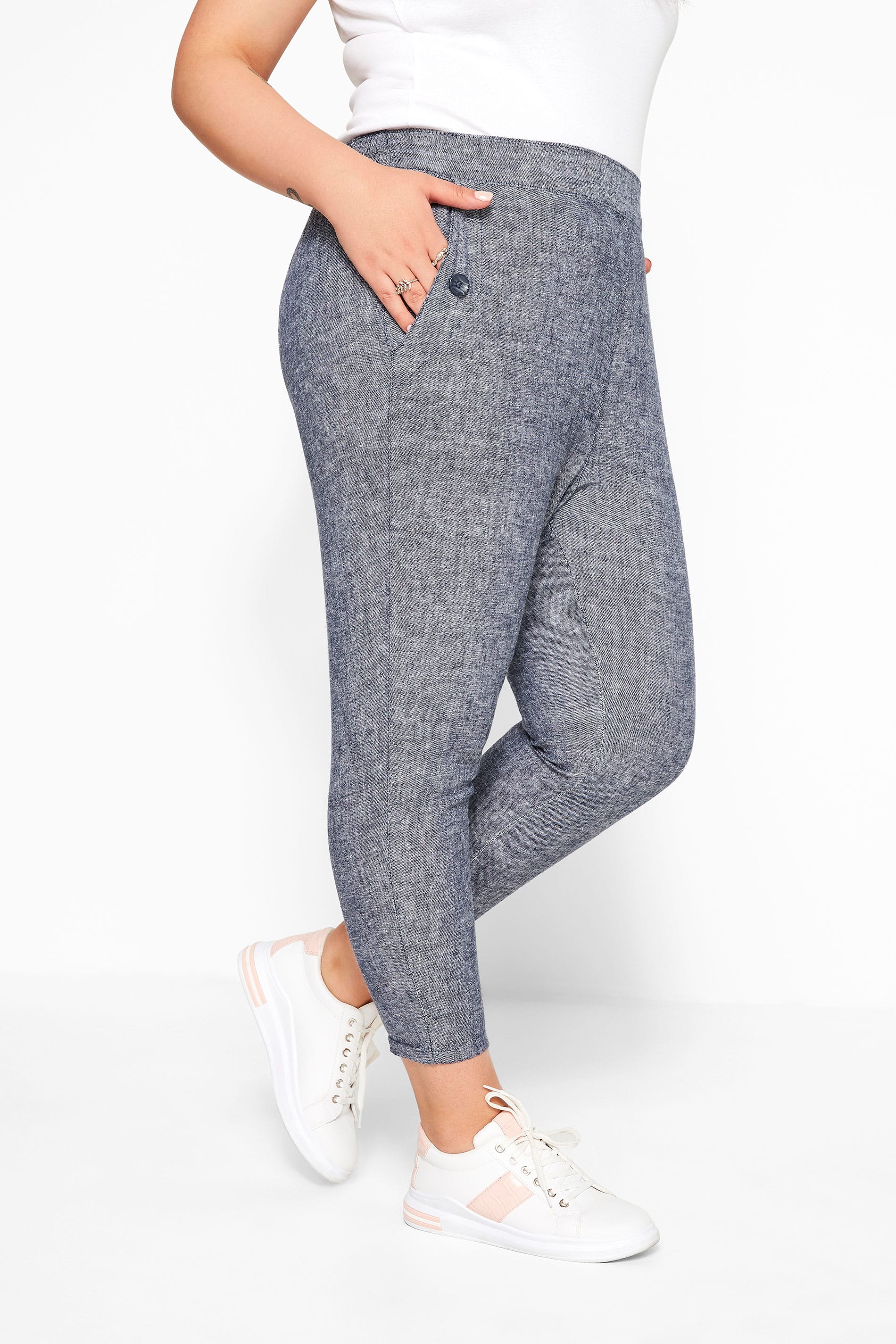 Blue Hatch Linen Mix Cropped Trousers 