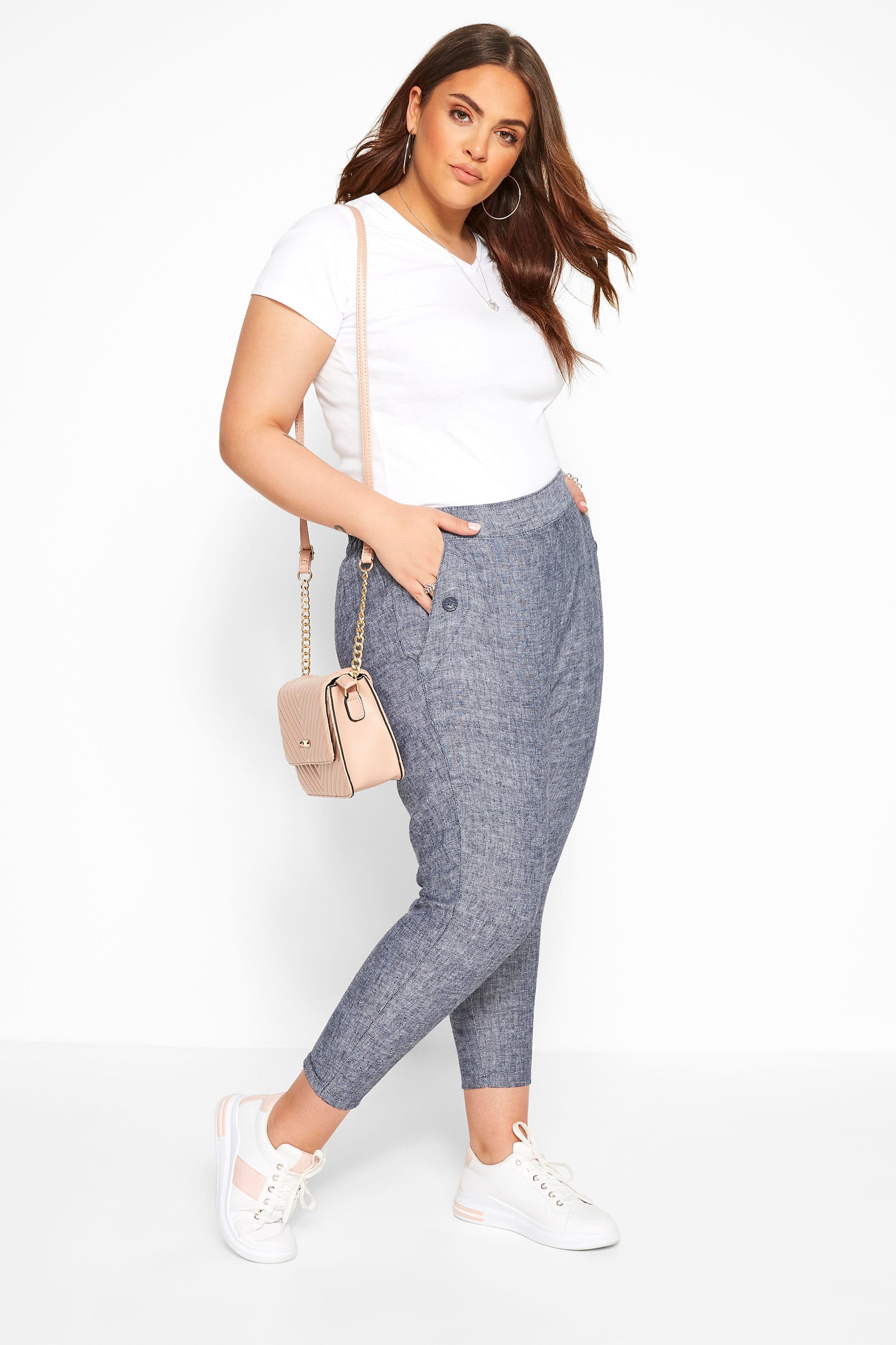 Blue Hatch Linen Mix Cropped Trousers 