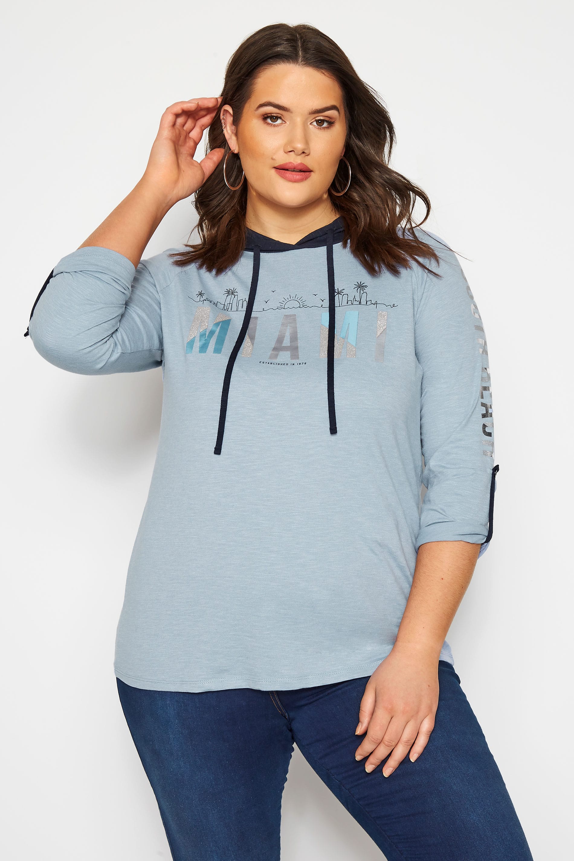 Blue Miami Contrast Varsity Hoodie | Plus Size 16 to 36 | Yours Clothing