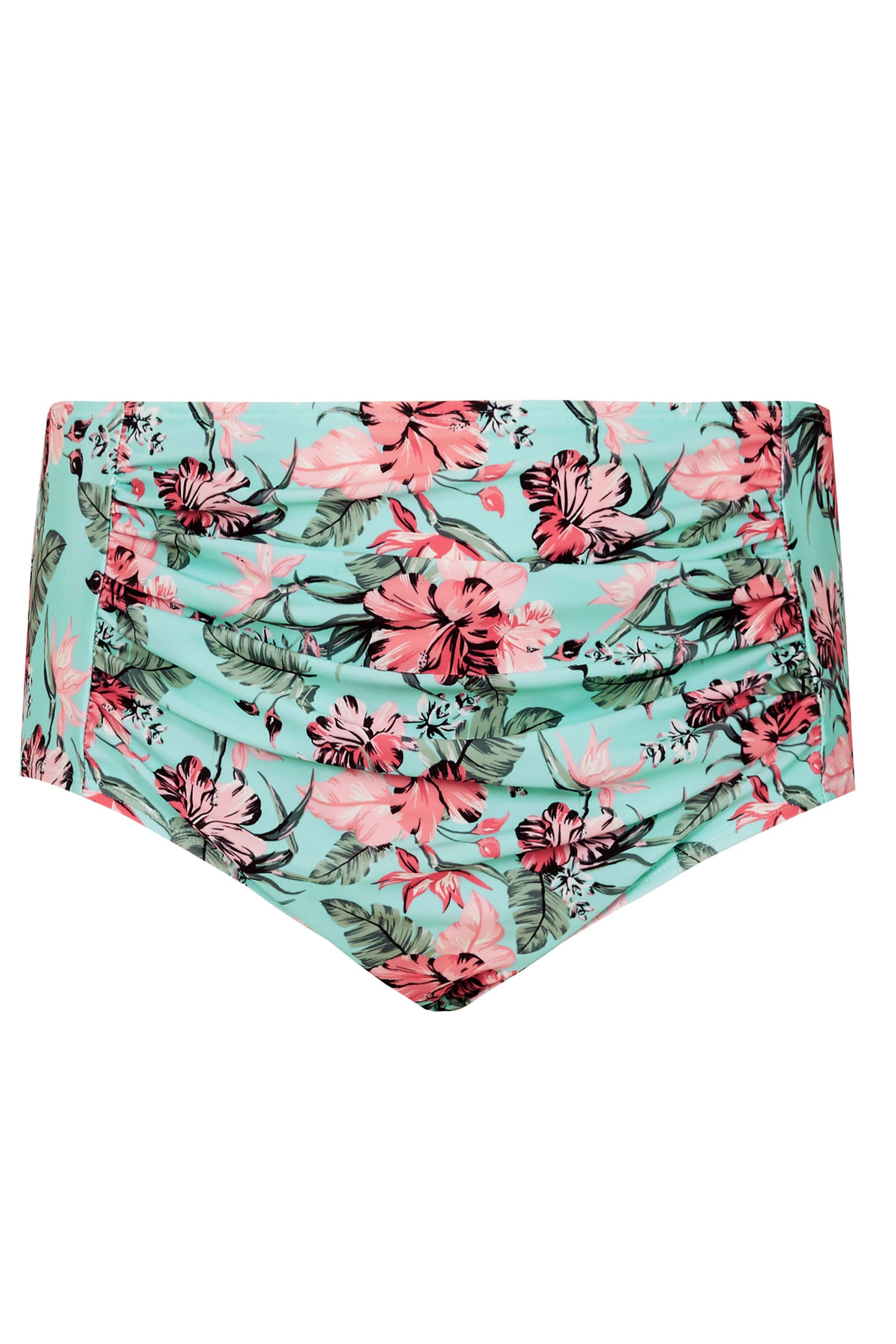 Blue & Pink Floral Print Bikini Briefs With Ruched Panel, plus size 16 ...