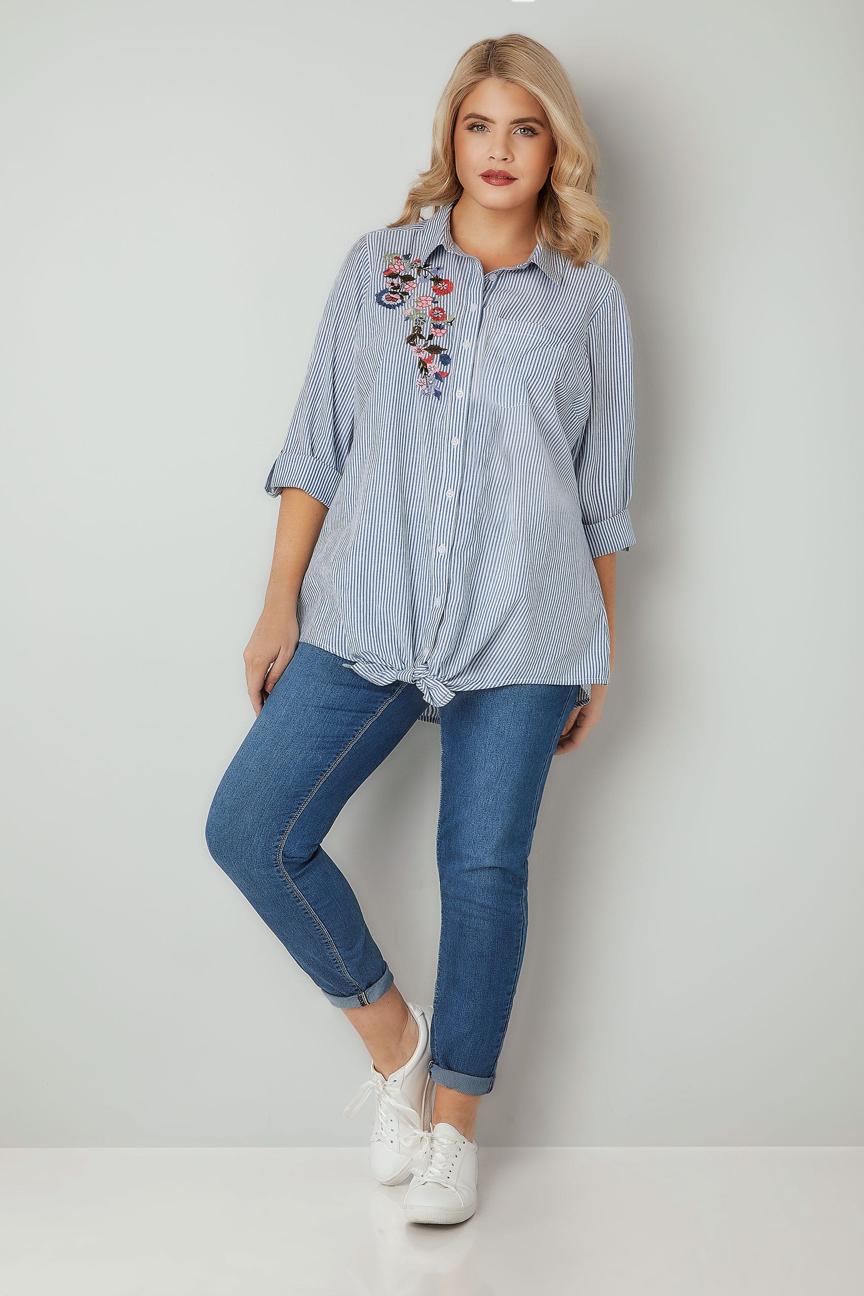Blue & White Pinstripe Shirt With Floral Embroidered Patch, Plus size ...