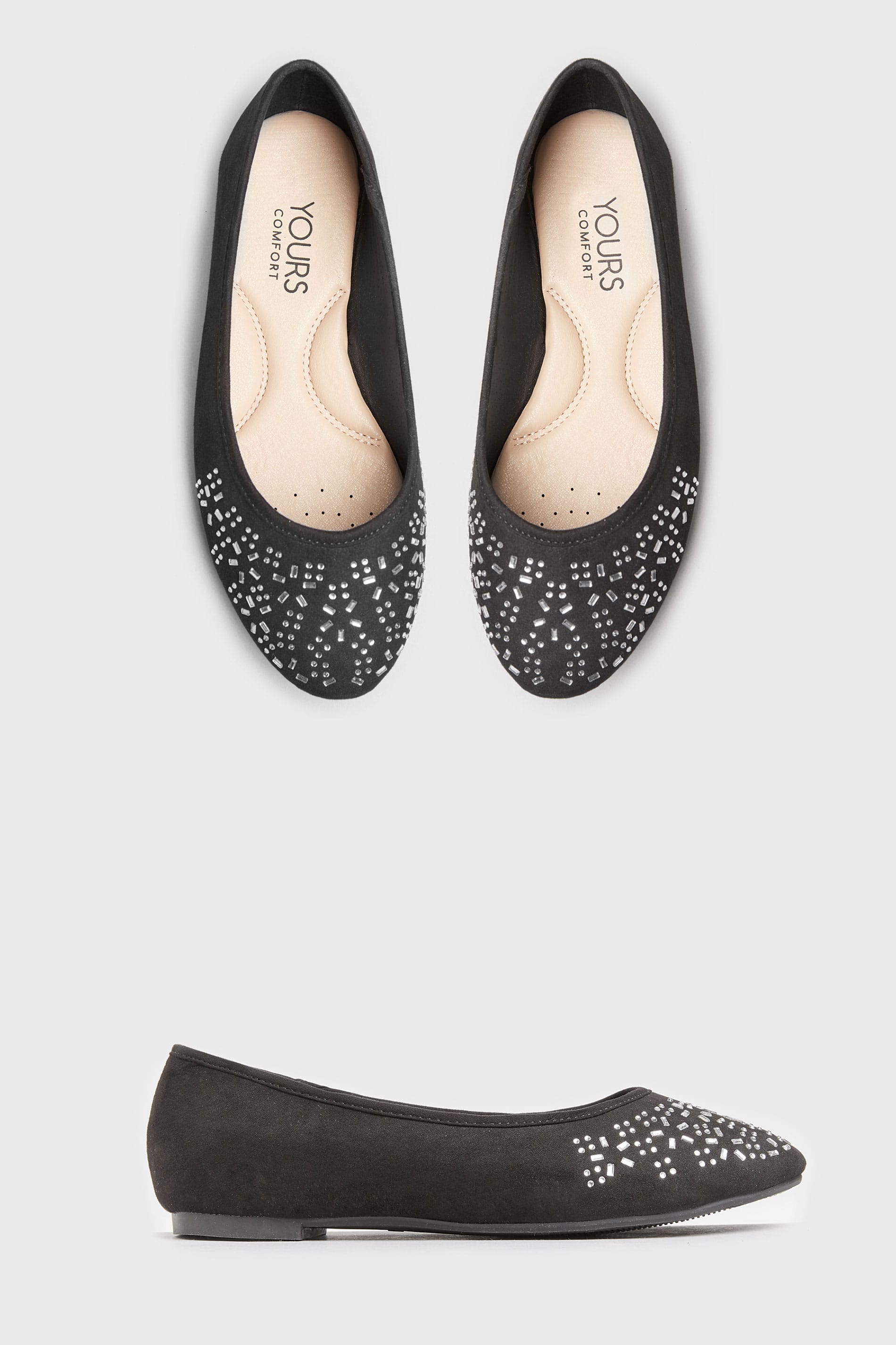 Black Diamante Ballerina Pumps In Extra Wide Fit | Yours Clothing