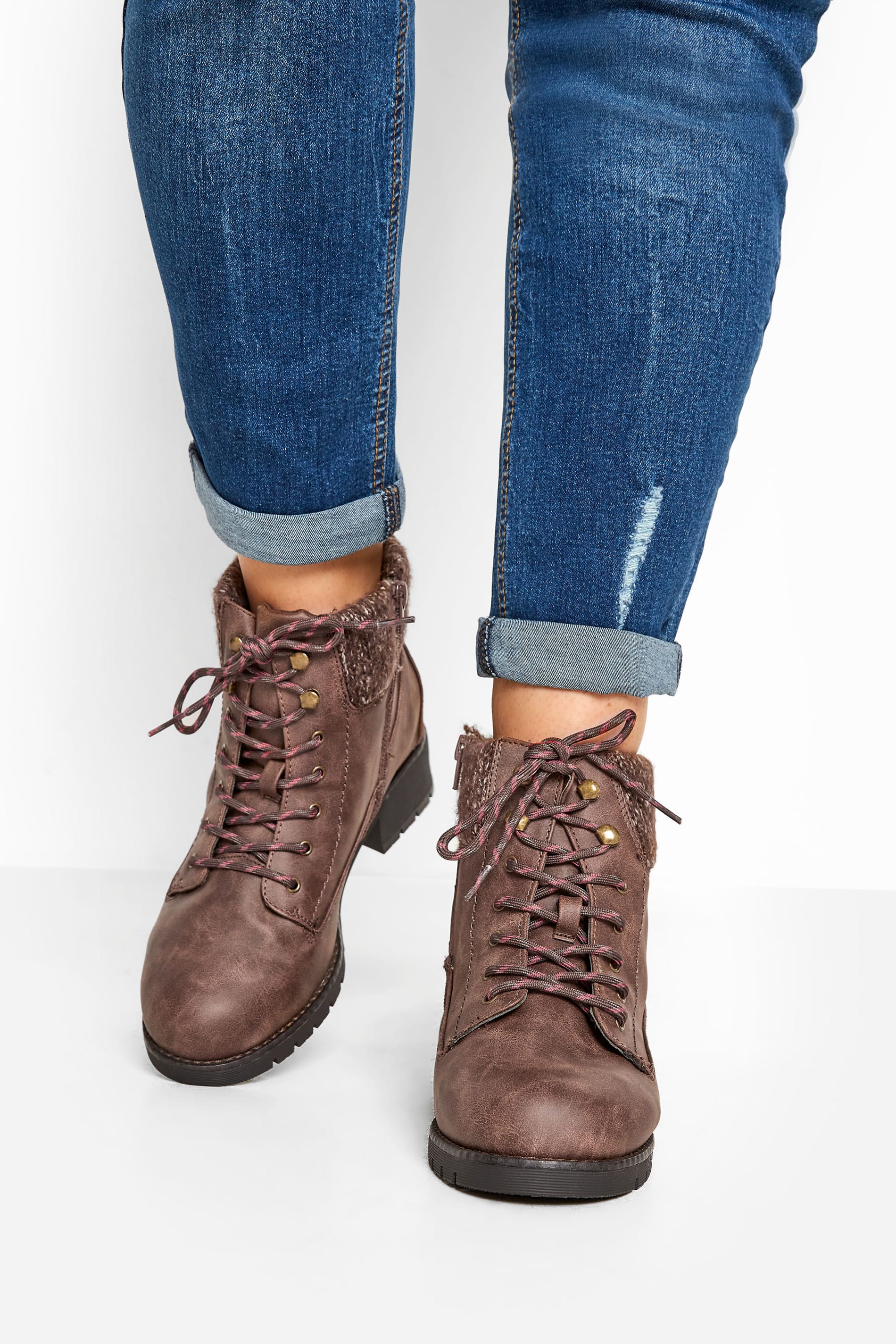 Brown Hiker Lace Up Ankle Boots In Extra Wide Fit | Yours Clothing