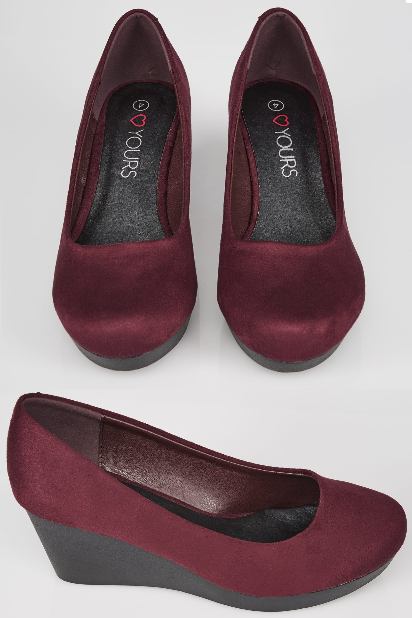 Burgundy Faux Suede Wedge Heels In EEE Fit