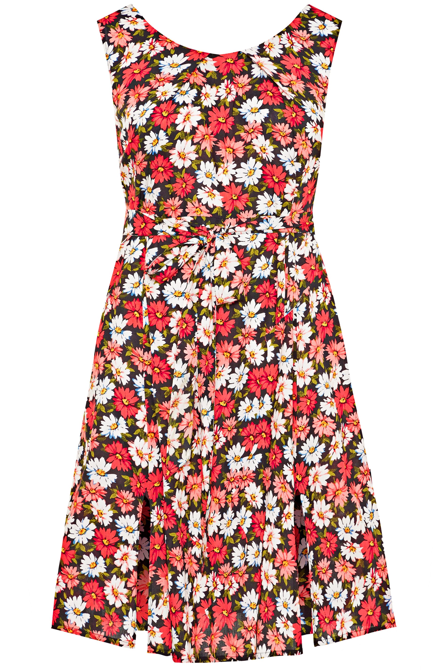 Black & Coral Daisy Print Skater Dress | Yours Clothing