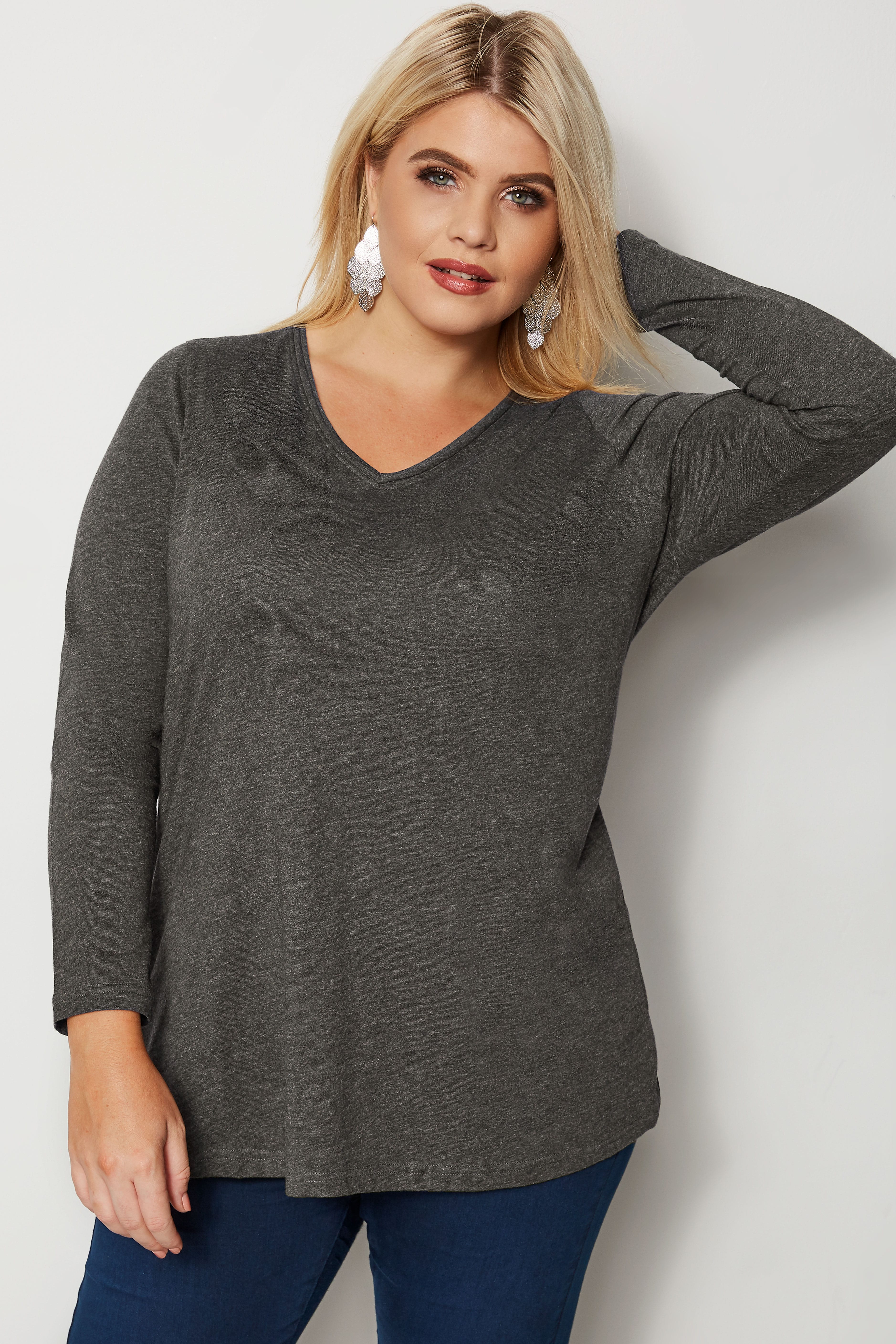 Charcoal Grey Long Sleeved V-Neck Jersey Top, Plus size 16 to 36 ...