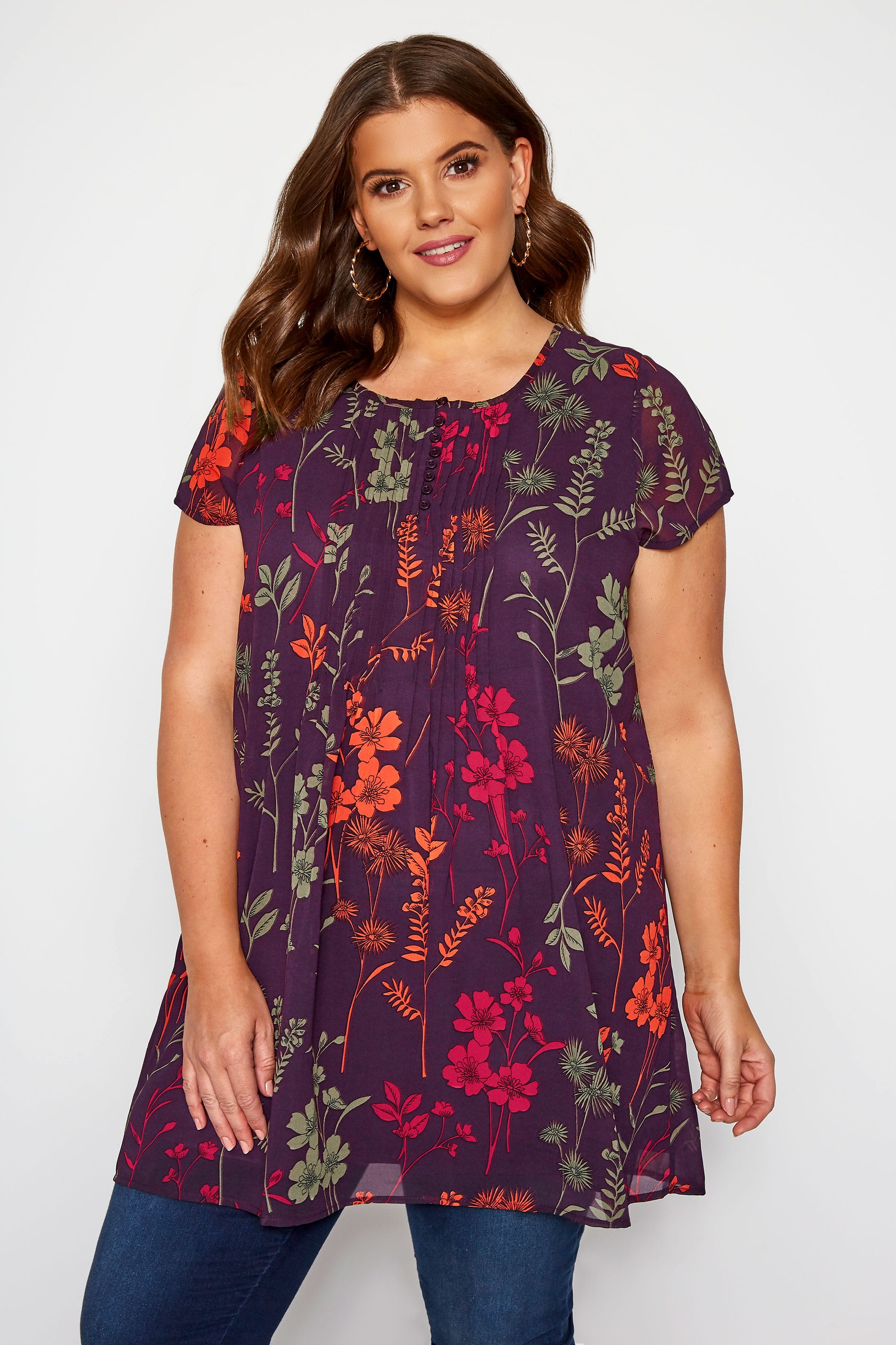 Purple Floral Print Chiffon Longline Top | Yours Clothing 1