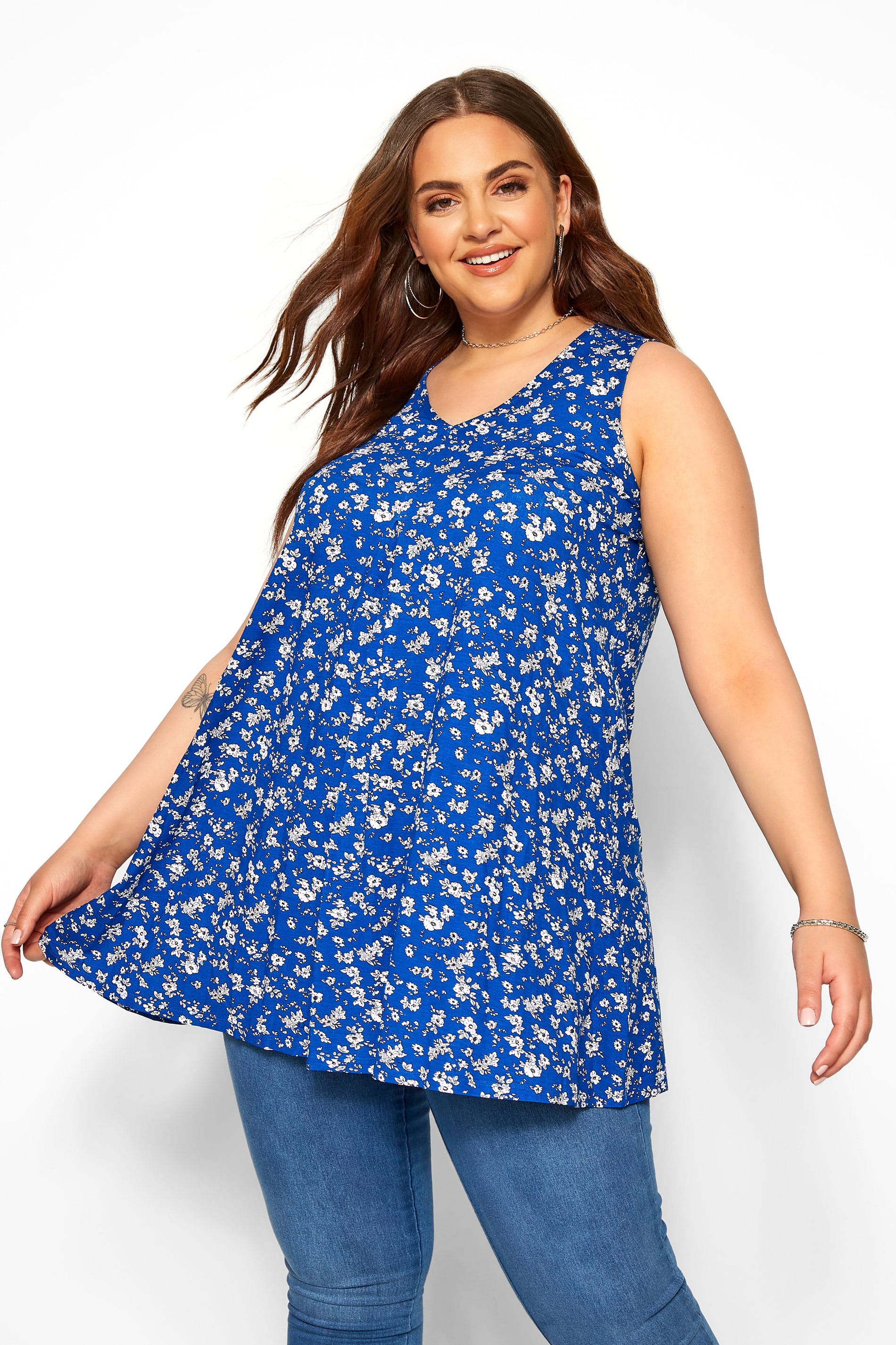 Cobalt Blue Ditsy Floral Swing Vest Top | Yours Clothing