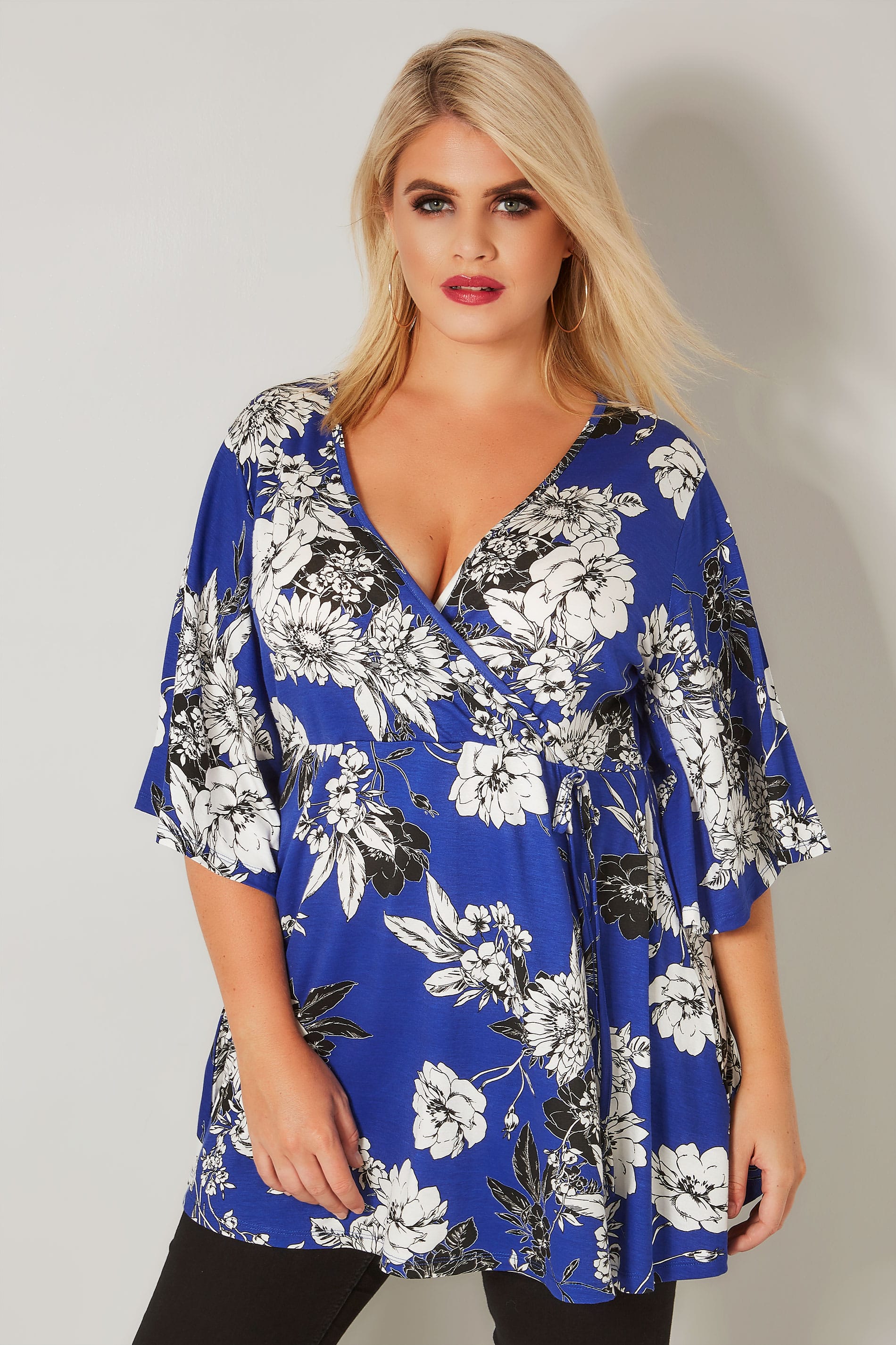 Cobalt Blue Floral Jersey Wrap Top, plus size 16 to 36