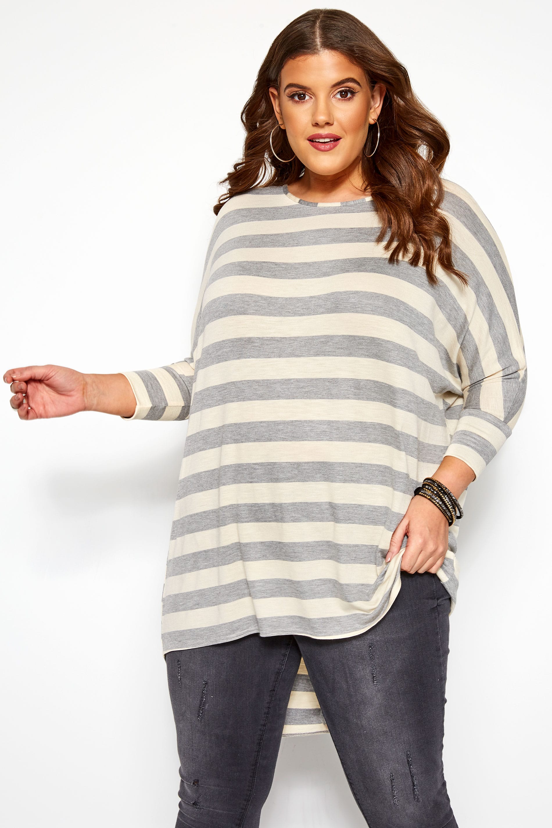 Cream & Grey Stripe Extreme Dipped Hem Top | Yours Clothing