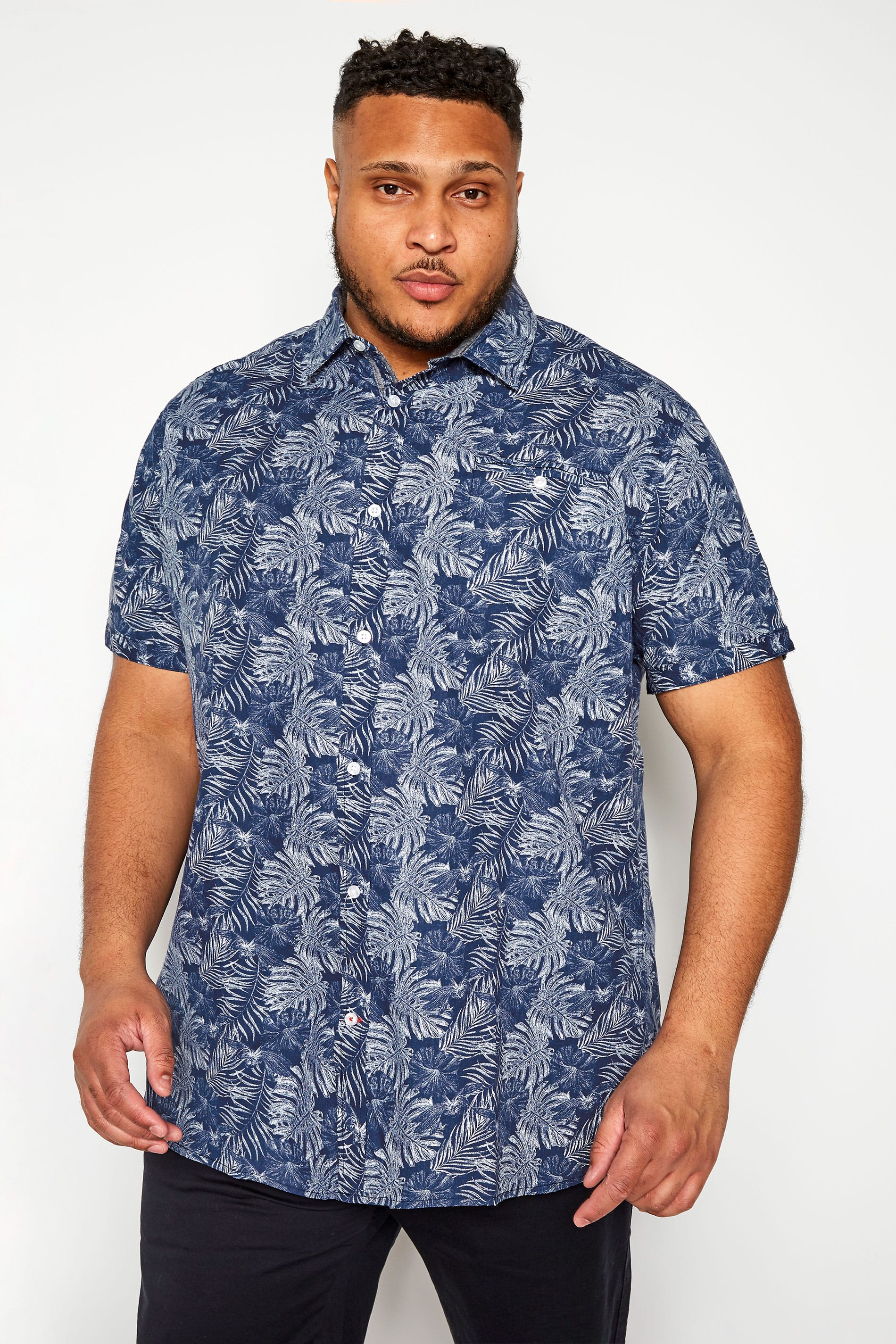 D555 Navy Hawaiian Leaf Print Shirt | BadRhino