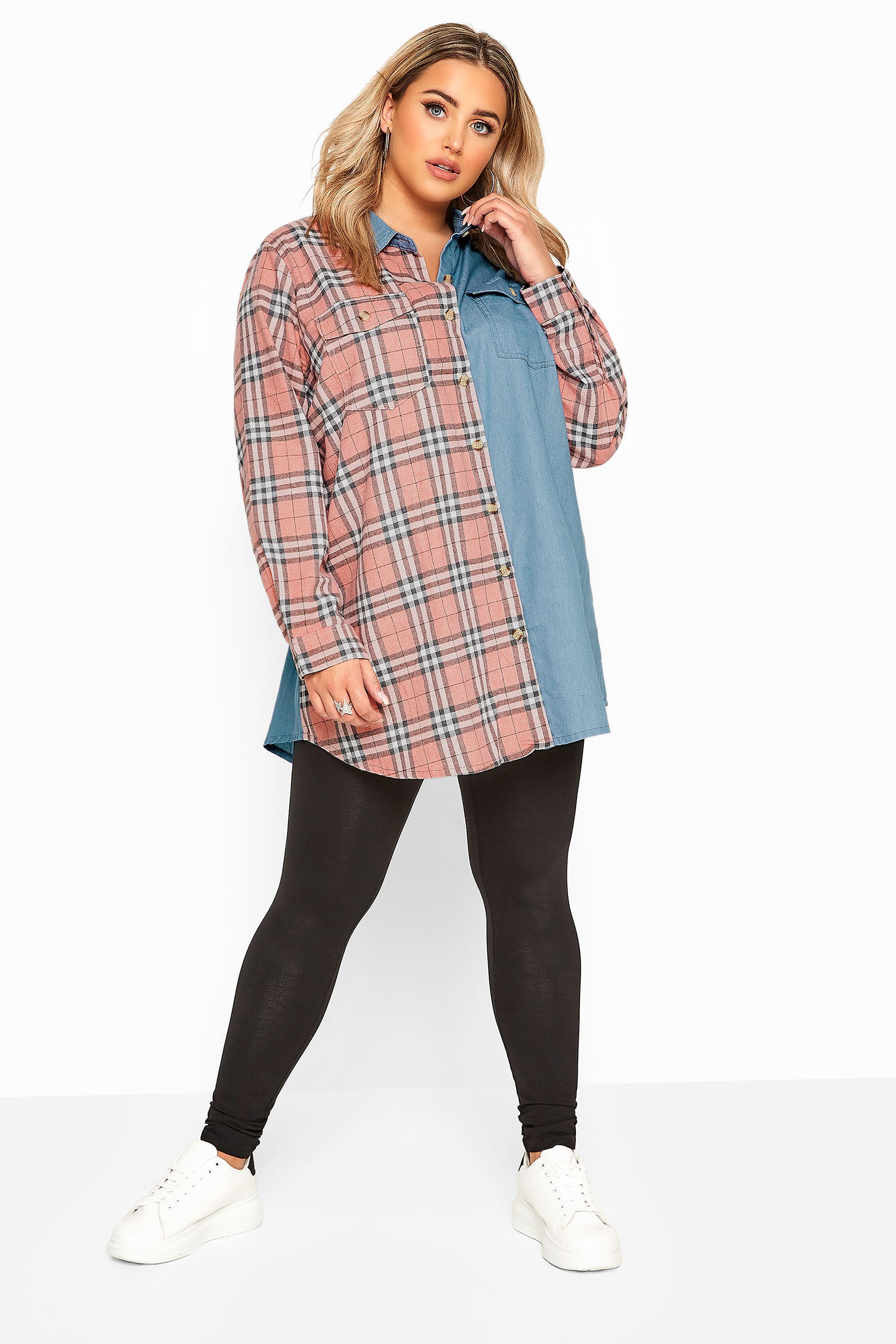 Blue & Pink Mixed Check Denim Shirt | Yours Clothing