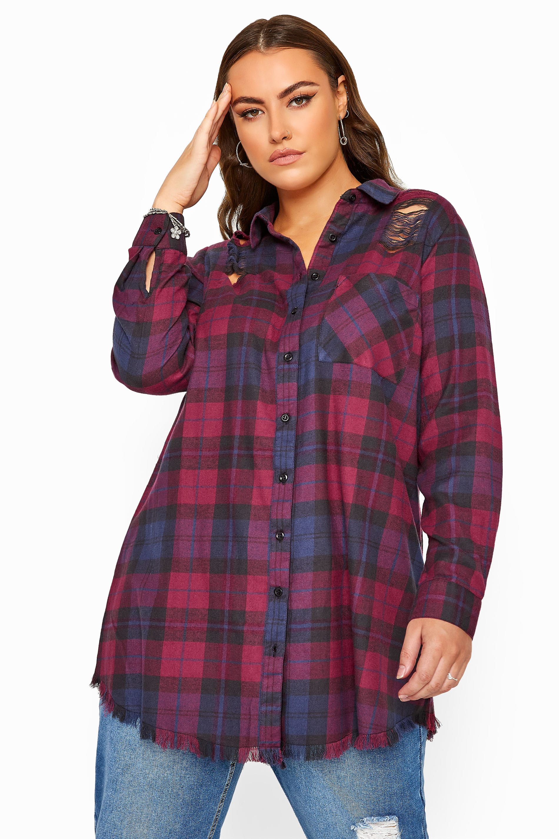 Purple Distressed Check Shirt | Yours Clothing