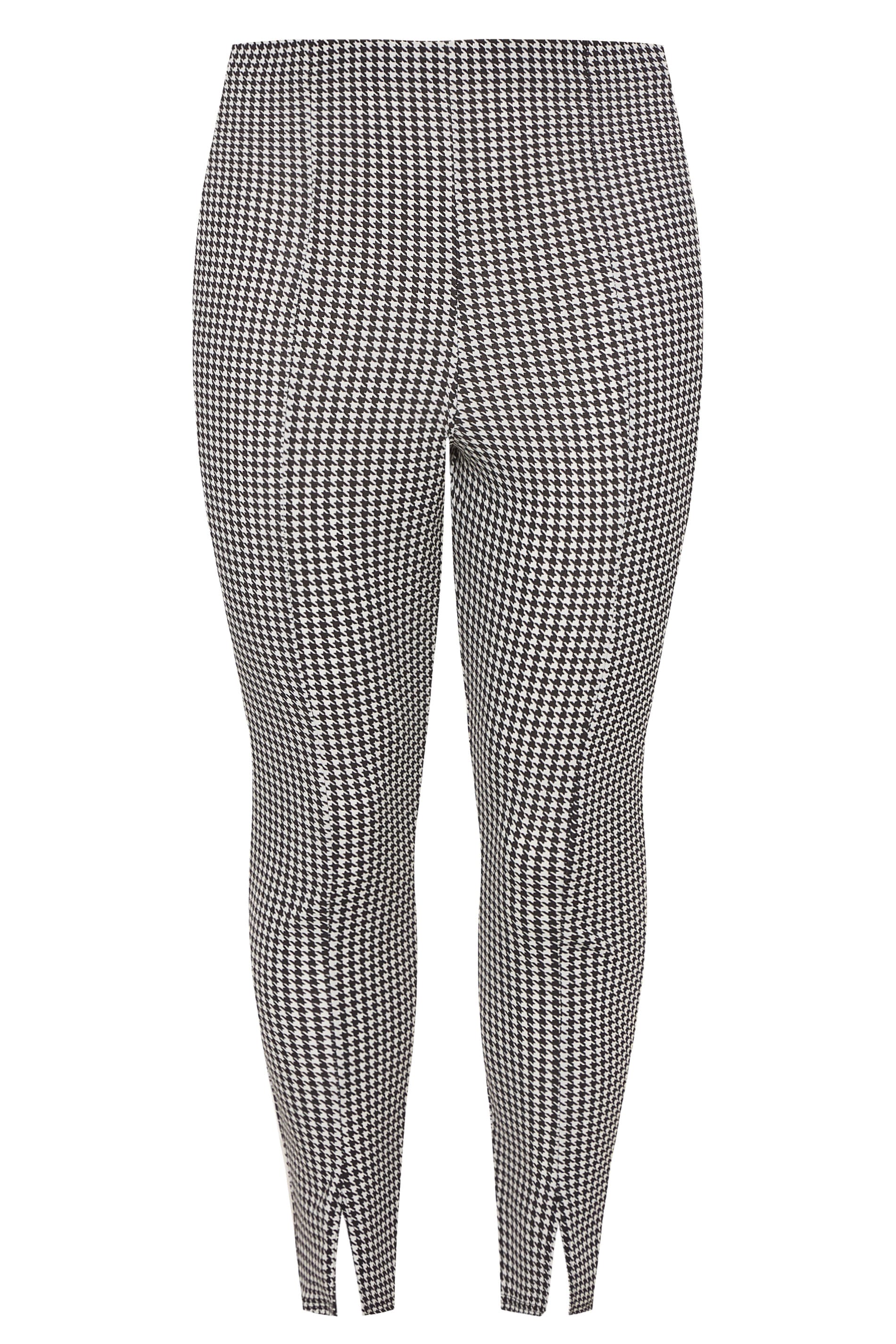 Black Dogtooth Check Ponte Tapered Split Hem Trousers | Yours Clothing