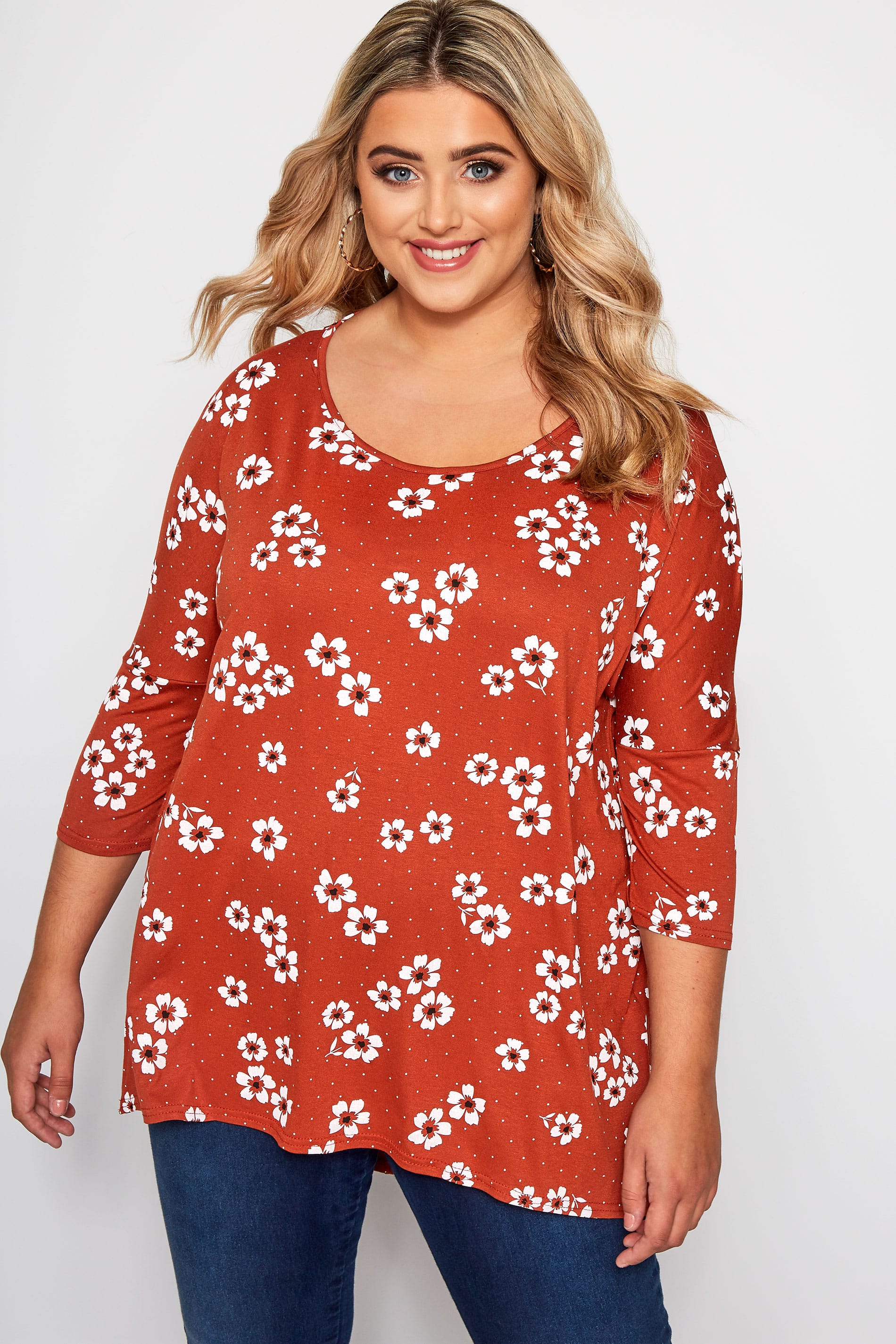 Rust Floral Print Dipped Hem Top | Yours Clothing