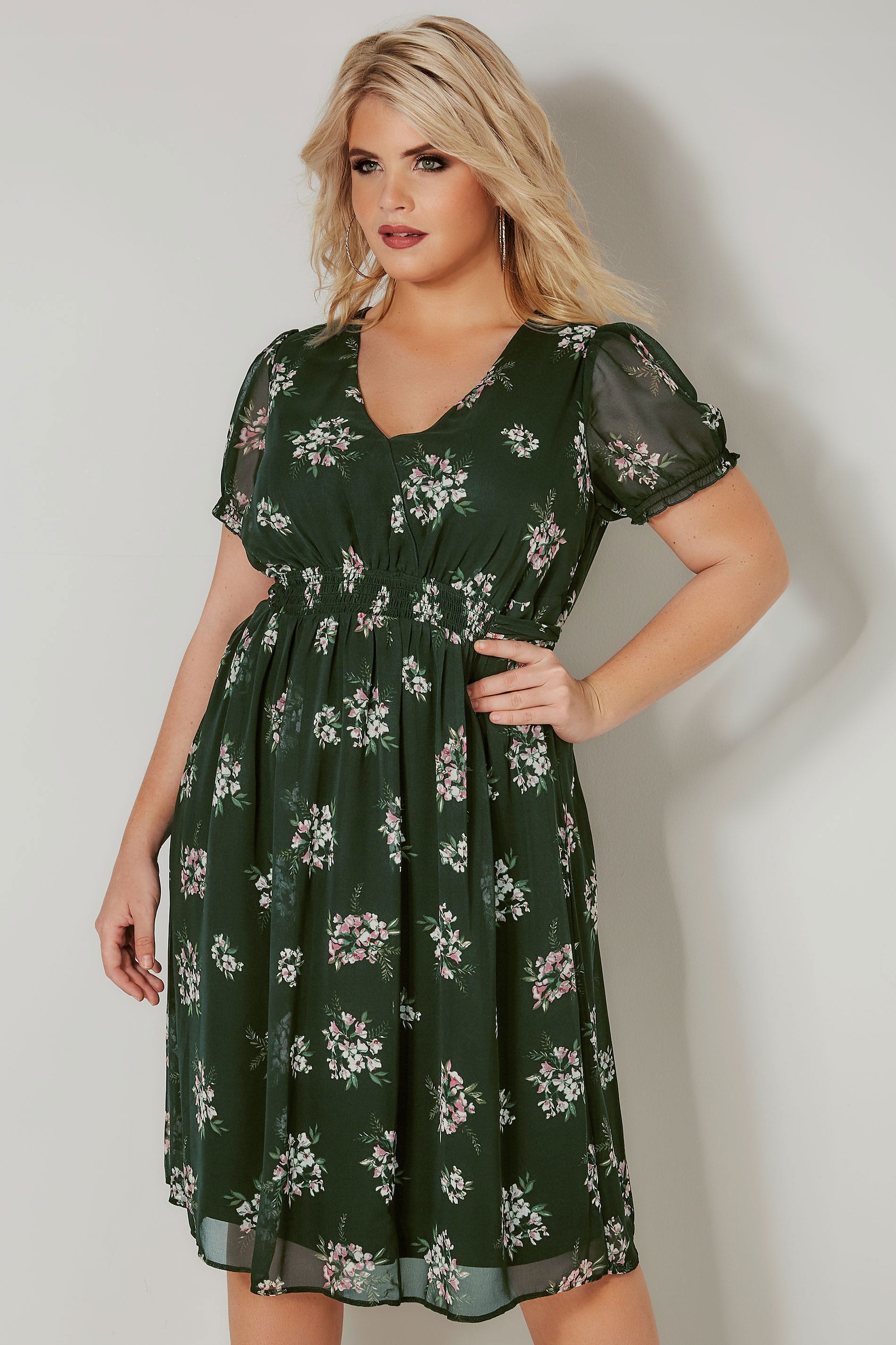 Green Floral Wrap Front Tea Dress With Waist Tie, plus size 16 to 36