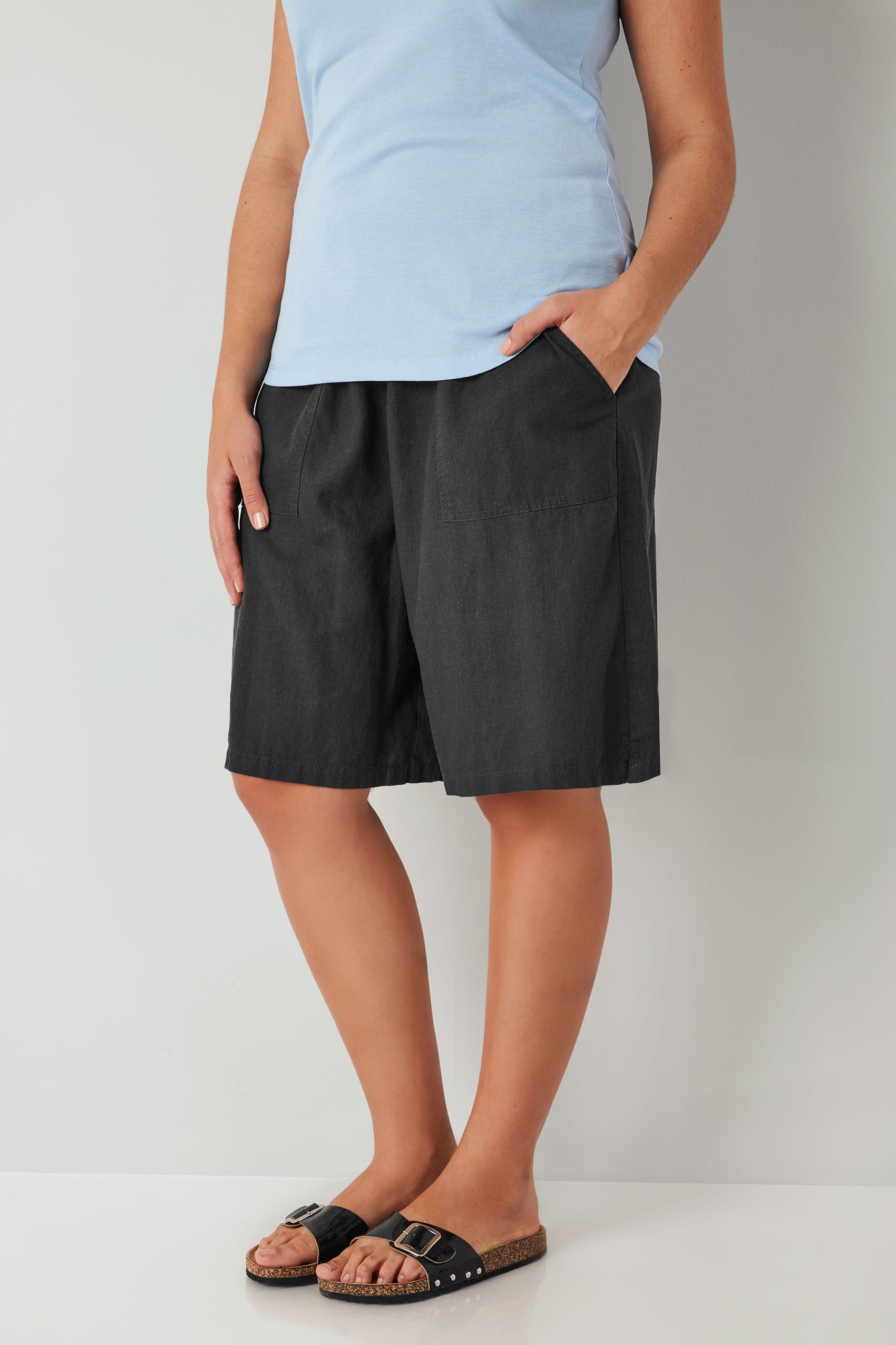 Dark Grey Linen Mix Pull On Shorts With Pockets Plus Sixe 16 To 36