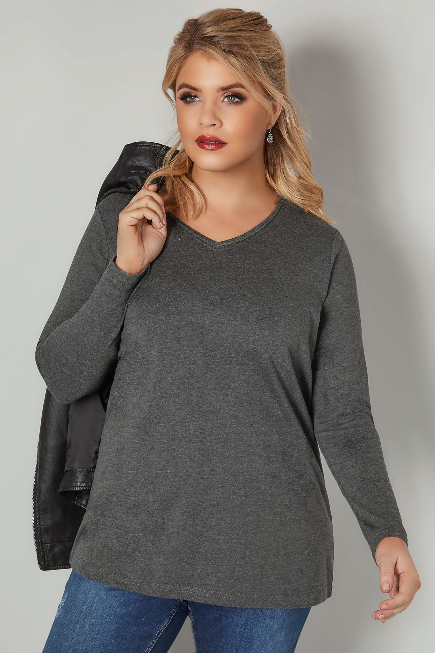 Charcoal Grey Long Sleeved V-Neck Jersey Top, Plus size 16 