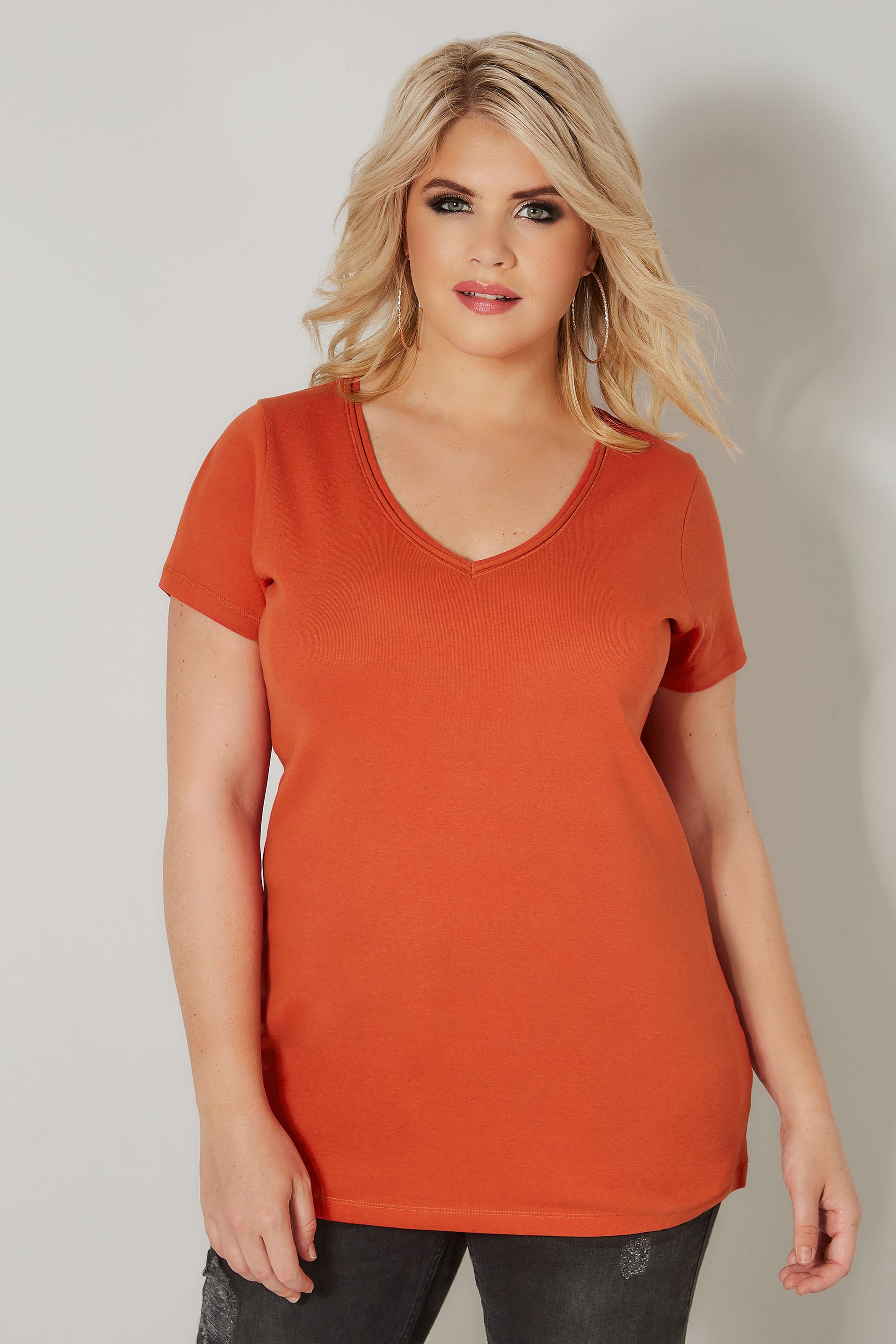Dark Orange Basic V-Neck T-Shirt, plus size 16 to 36