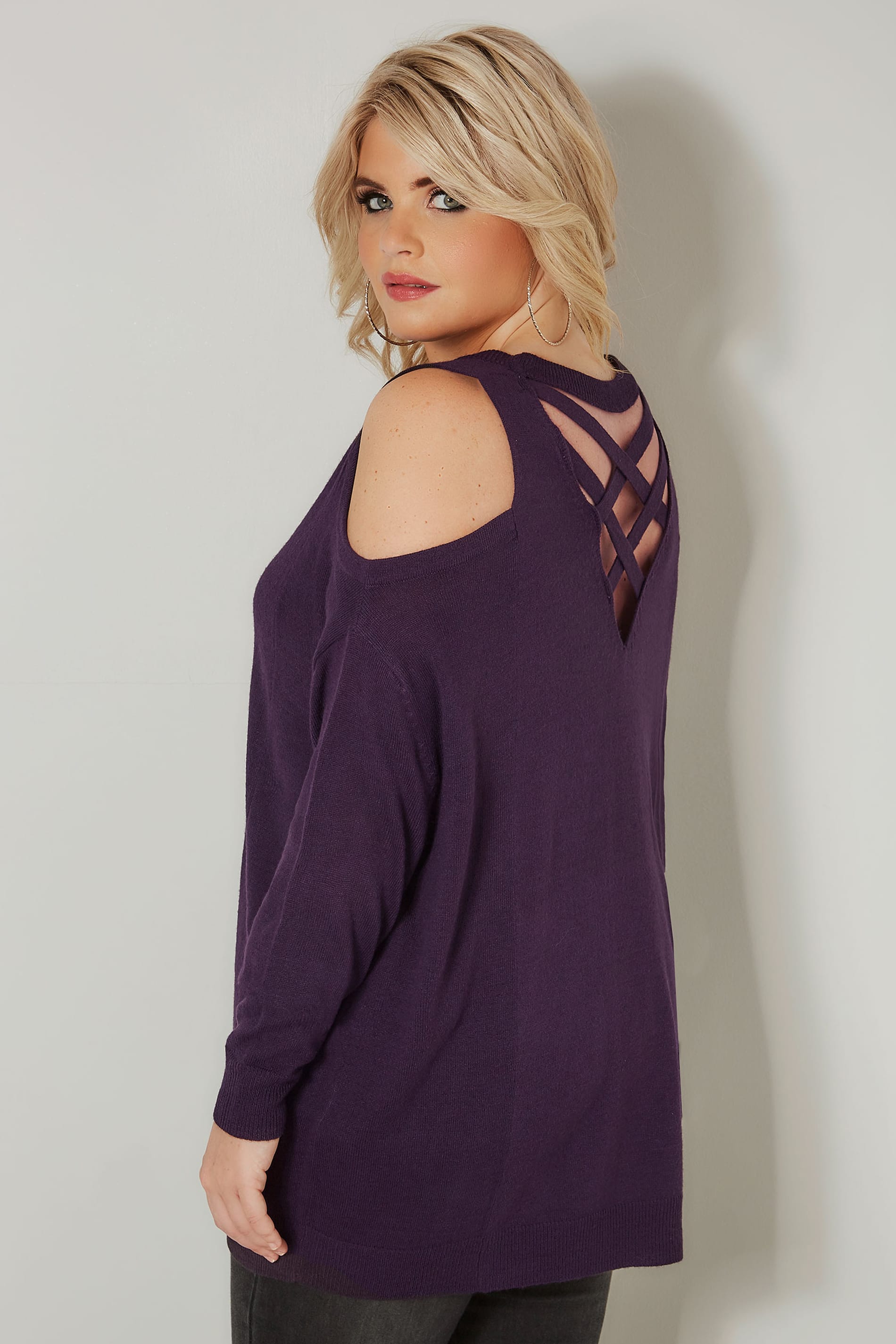 Dark Purple Cold Shoulder Knitted Jumper With Rear Cross 