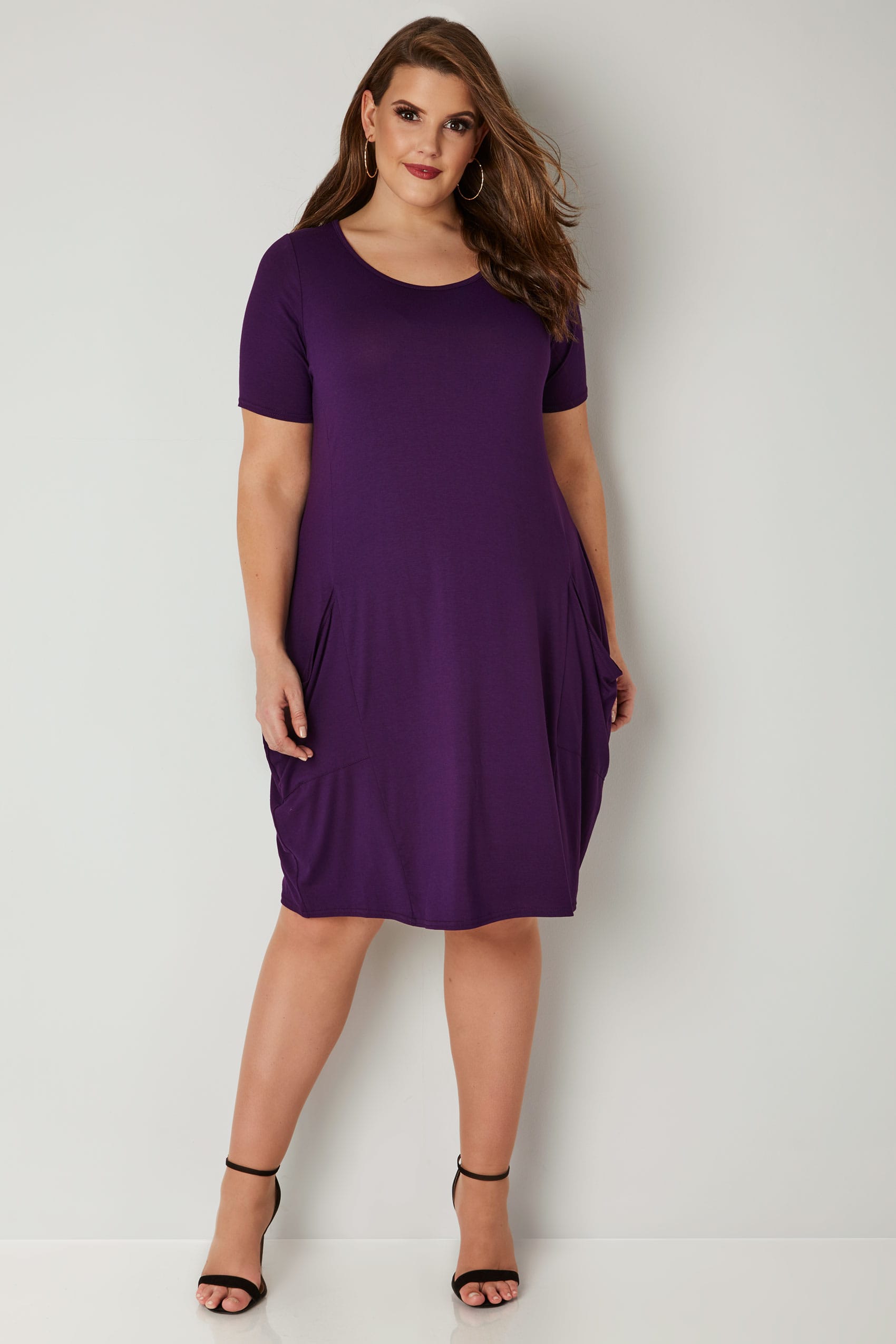 Dark Purple Draped Pocket Jersey Dress, plus size 16 to 36