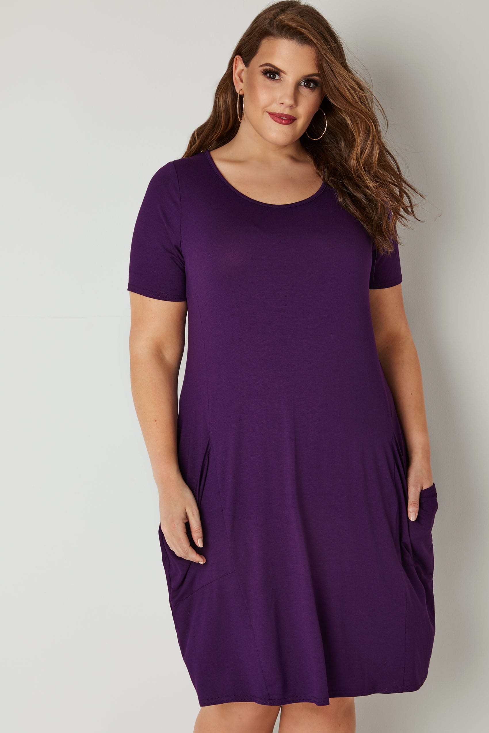 Dark Purple Draped Pocket Jersey Dress, plus size 16 to 36