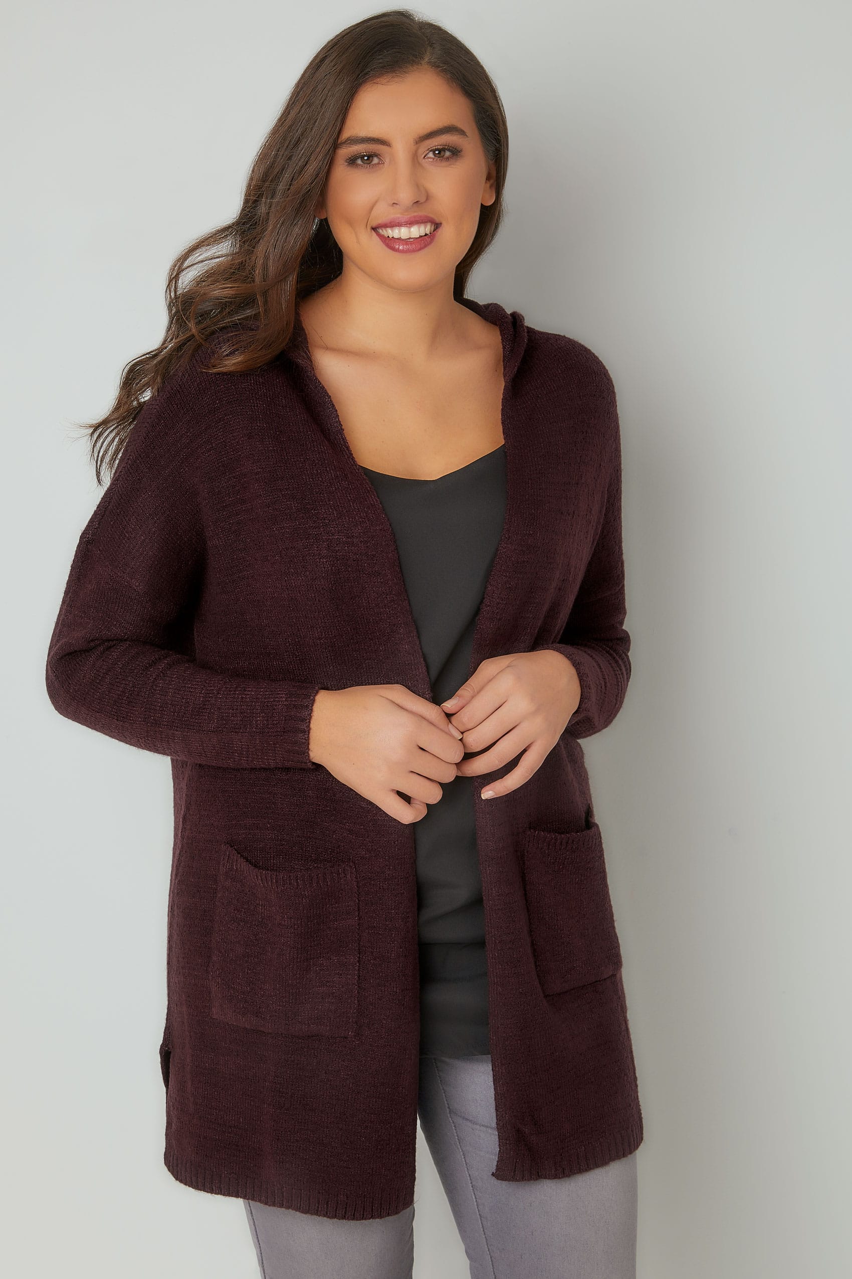 Dark Purple Hooded Cardigan With Pockets, Plus size 16 to 36 | Yours ...