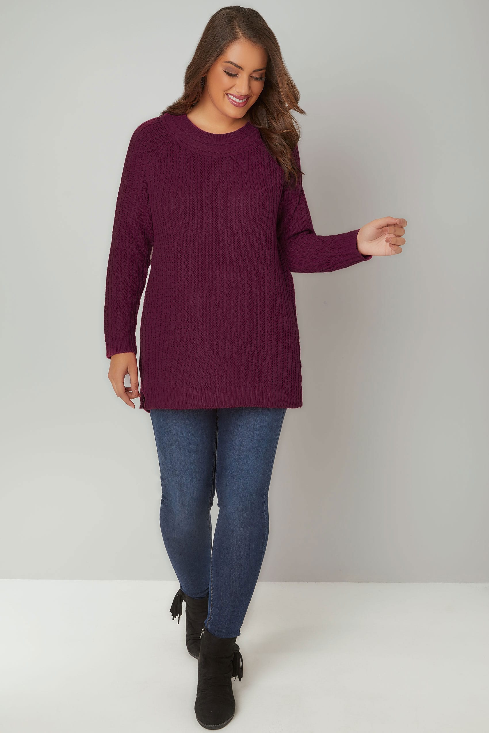 Dark Purple Longline Jumper With Cable Knit Trim, Plus size 16 to 36