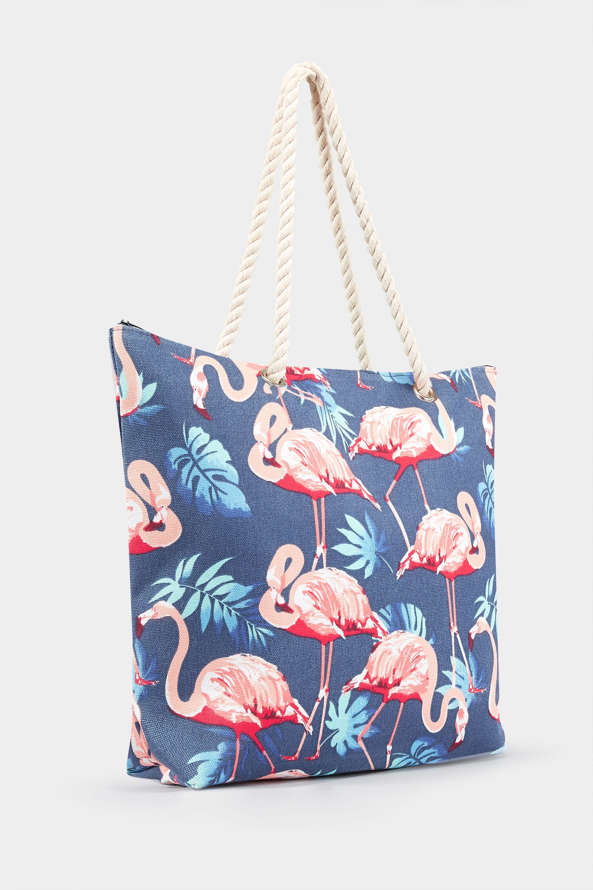 Denim Blue Flamingo Print Beach Bag | One Size | Yours Clothing