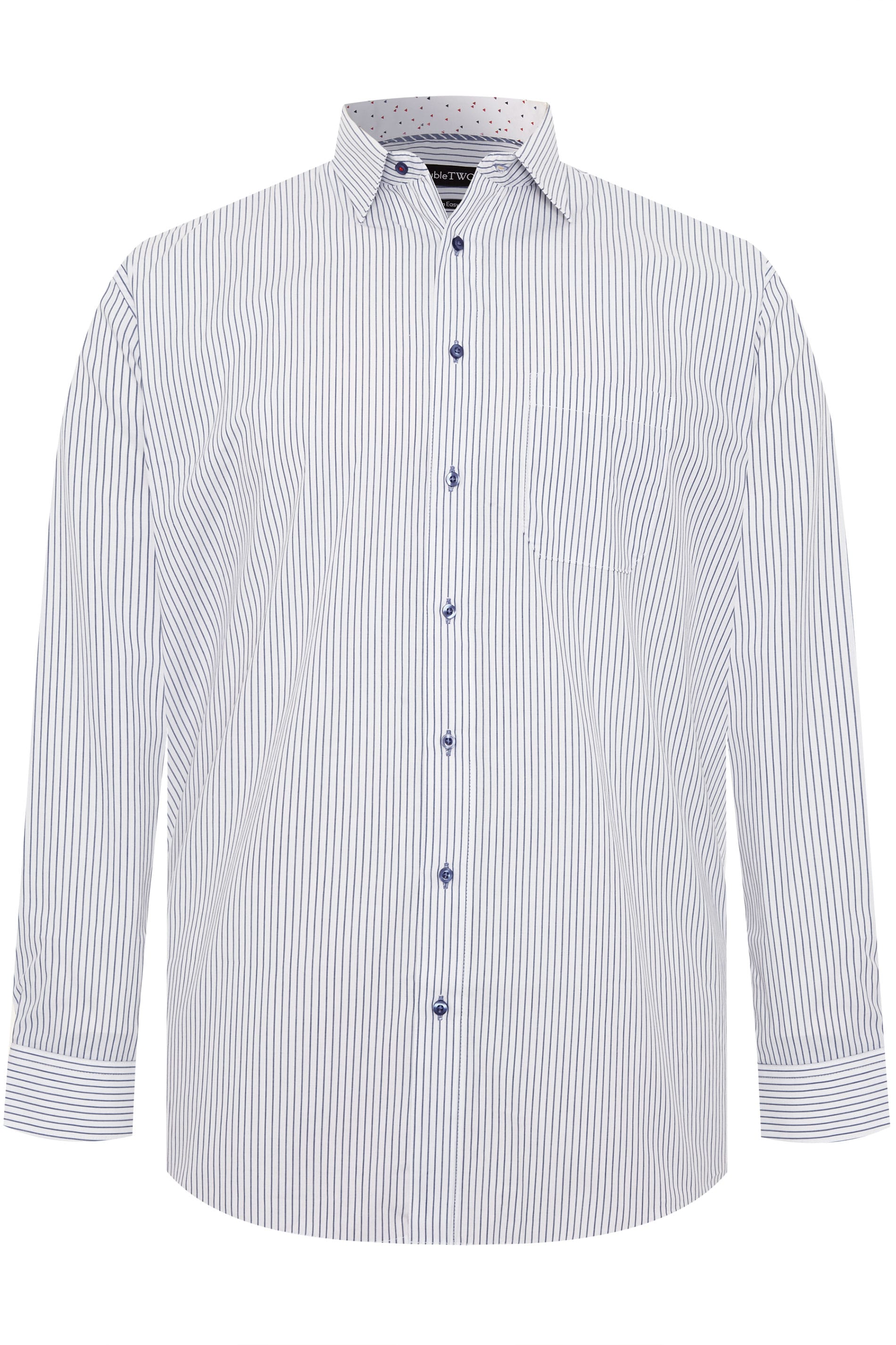 DOUBLE TWO White & Navy Pinstripe Non-Iron Long Sleeve Shirt | BadRhino
